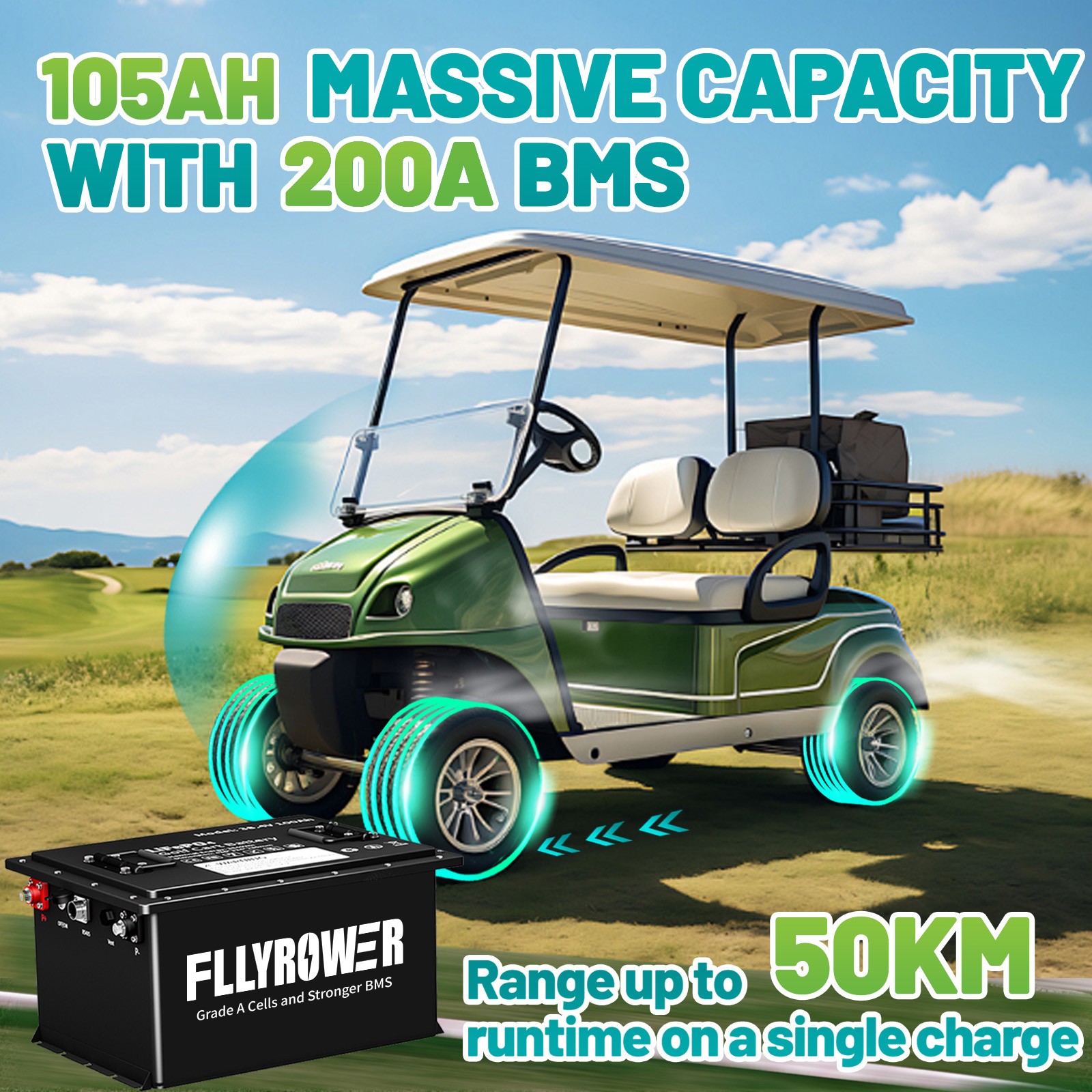 48V 105Ah Golf Cart LiFePO4 Lithium Battery 15000+ Cycle 200A BMS + 20A Charger
