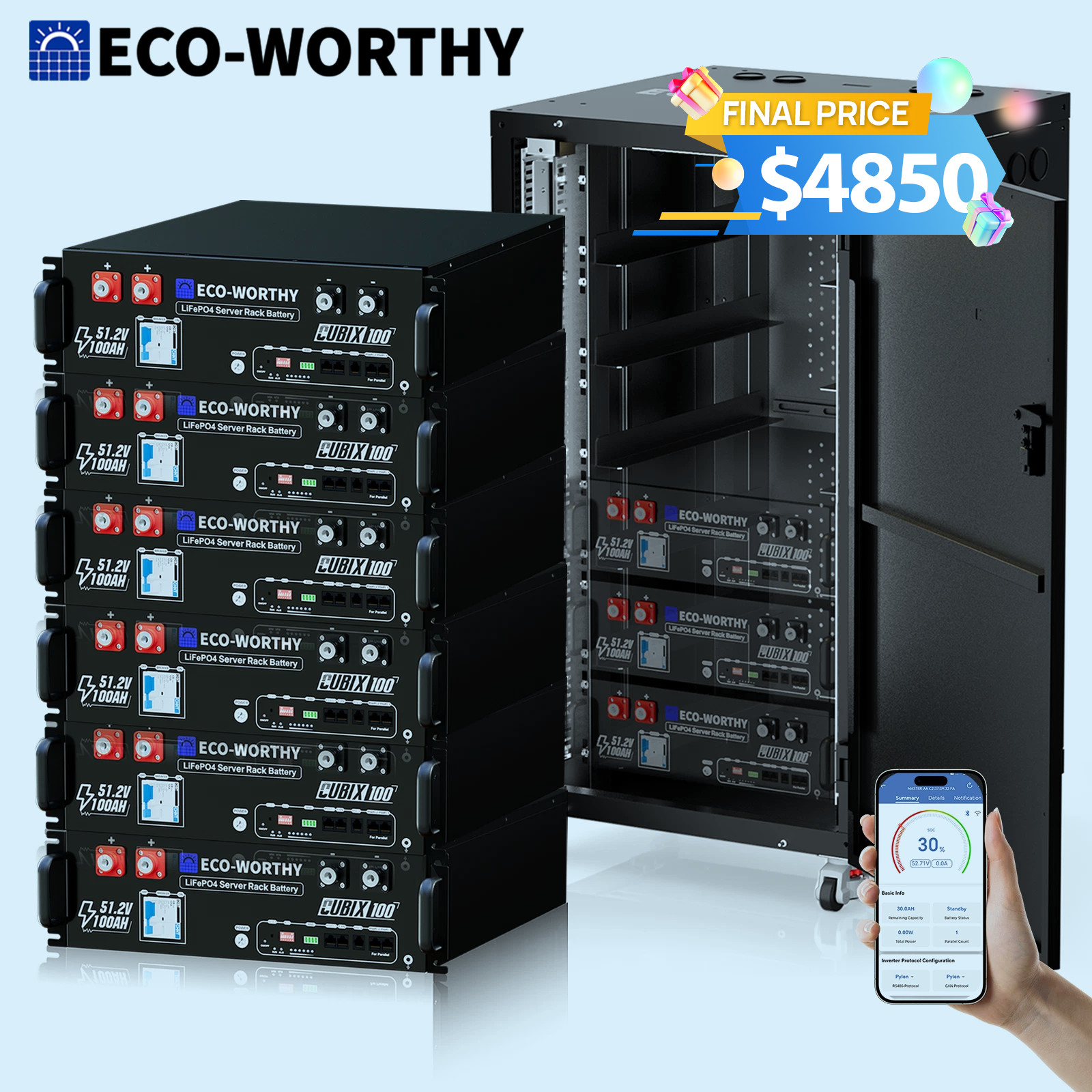 ECO-WORTHY 6Pack 48V 100AH Lithium Battery UL1973+UL9540A+RACK6 V3 Server Rack