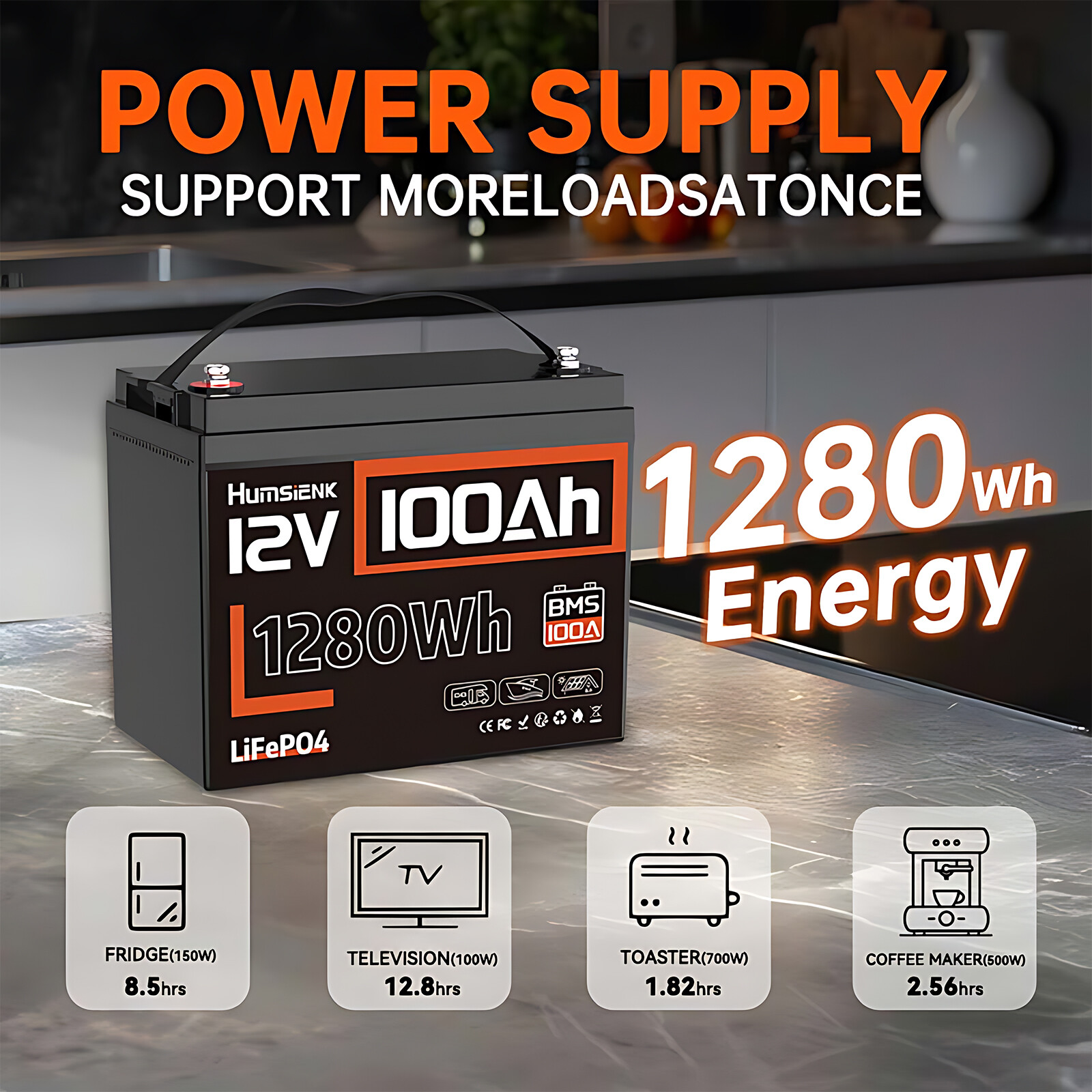 Humsienk 12V 100Ah 1280Wh Lithium Battery LiFePO4 Group 24 Deep Cycles Camping