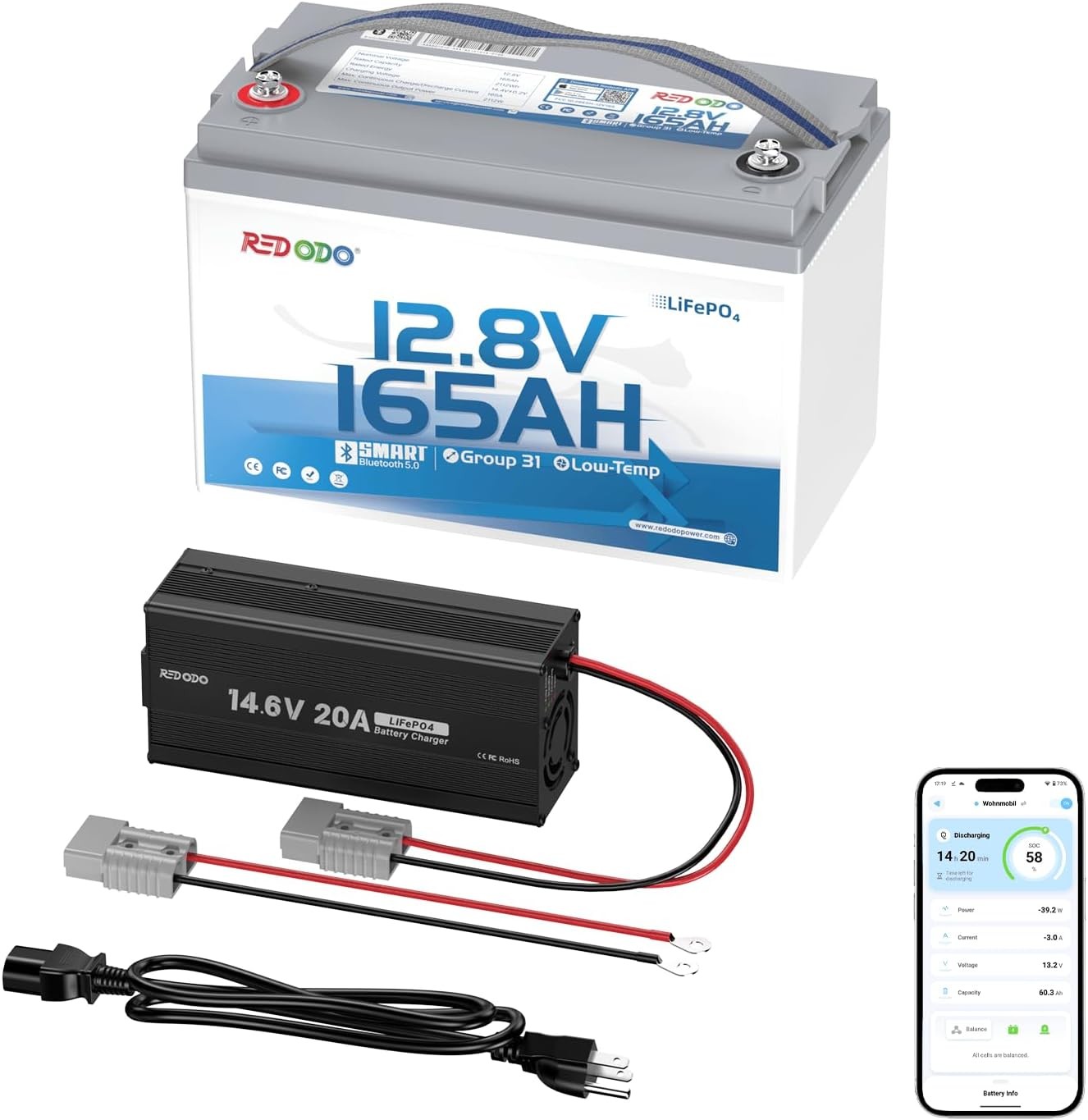 Redodo Smart Bluetooth 12V 165Ah Lithium Battery with 12V 20Ah LiFePO4 Charger
