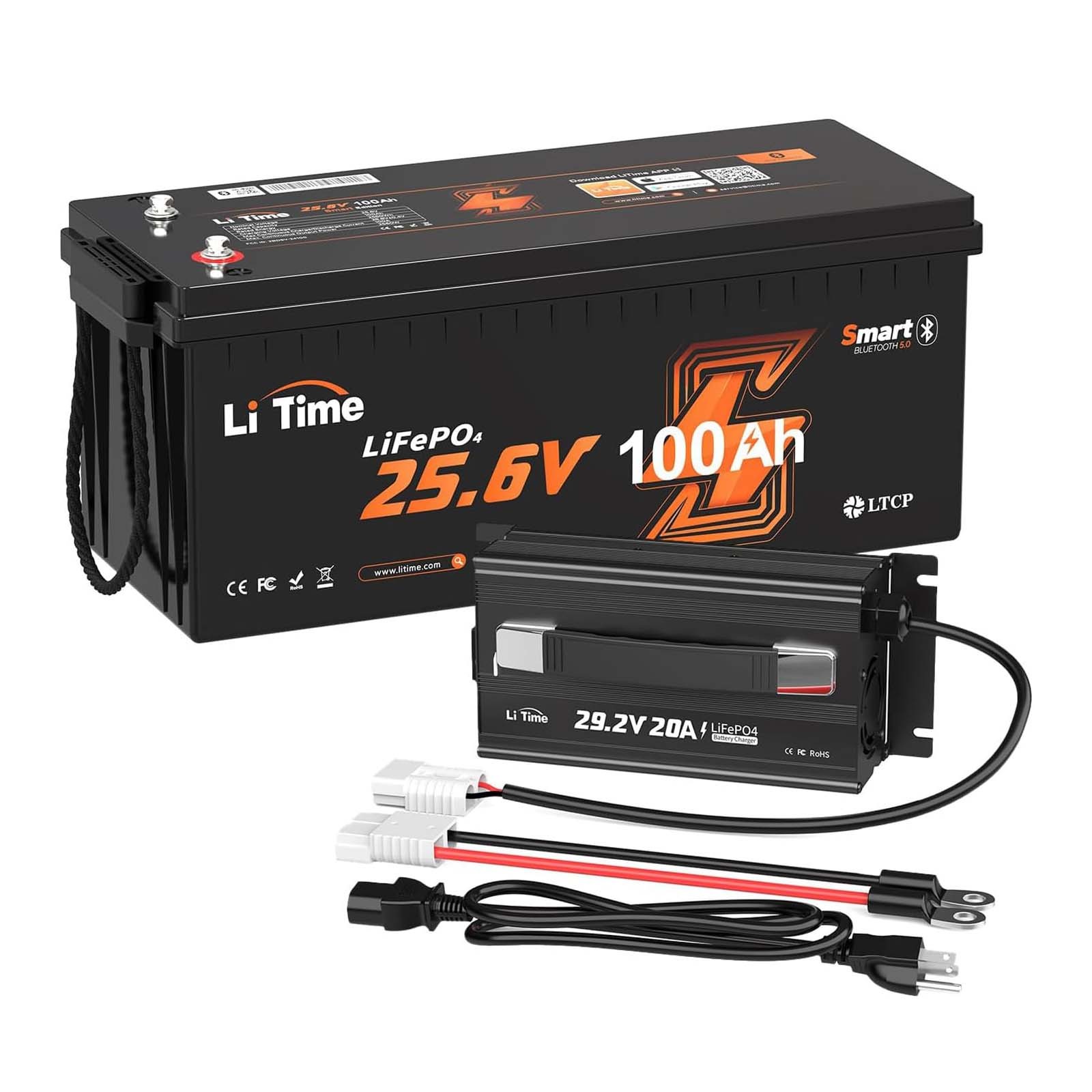 LiTime 24V 100Ah Bluetooth LiFePO4 Lithium Battery with 20A Charger For RV Boat