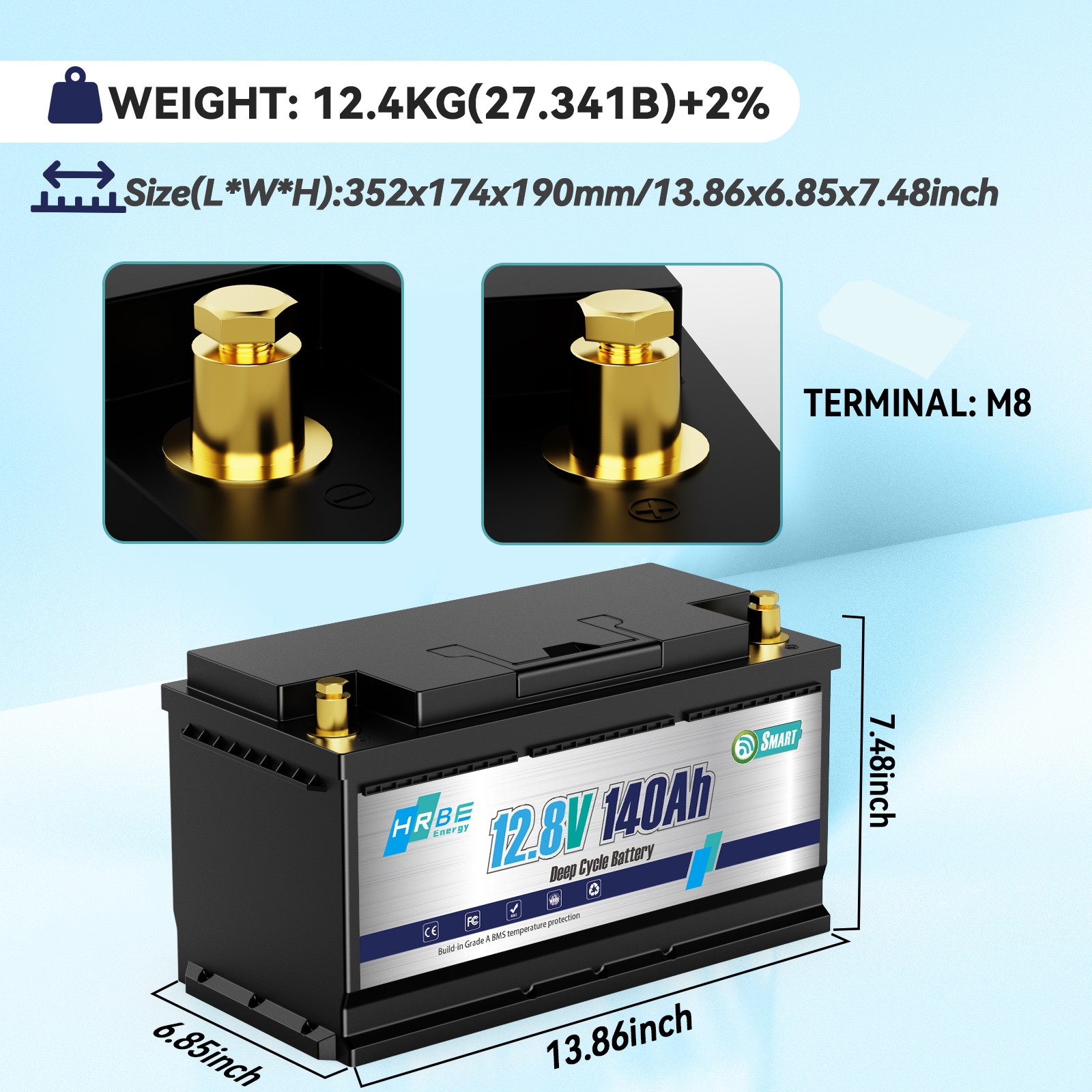 12V 140Ah 1792Wh Bluetooth LiFePO4 Battery with 100A BMS for RV Solar Marine