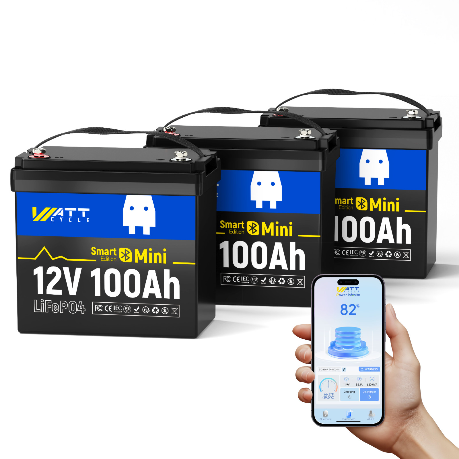 WattCycle 12V 100Ah LiFePO4 Mini Battery Bluetooth Deep Cycle Marine Off-Grid