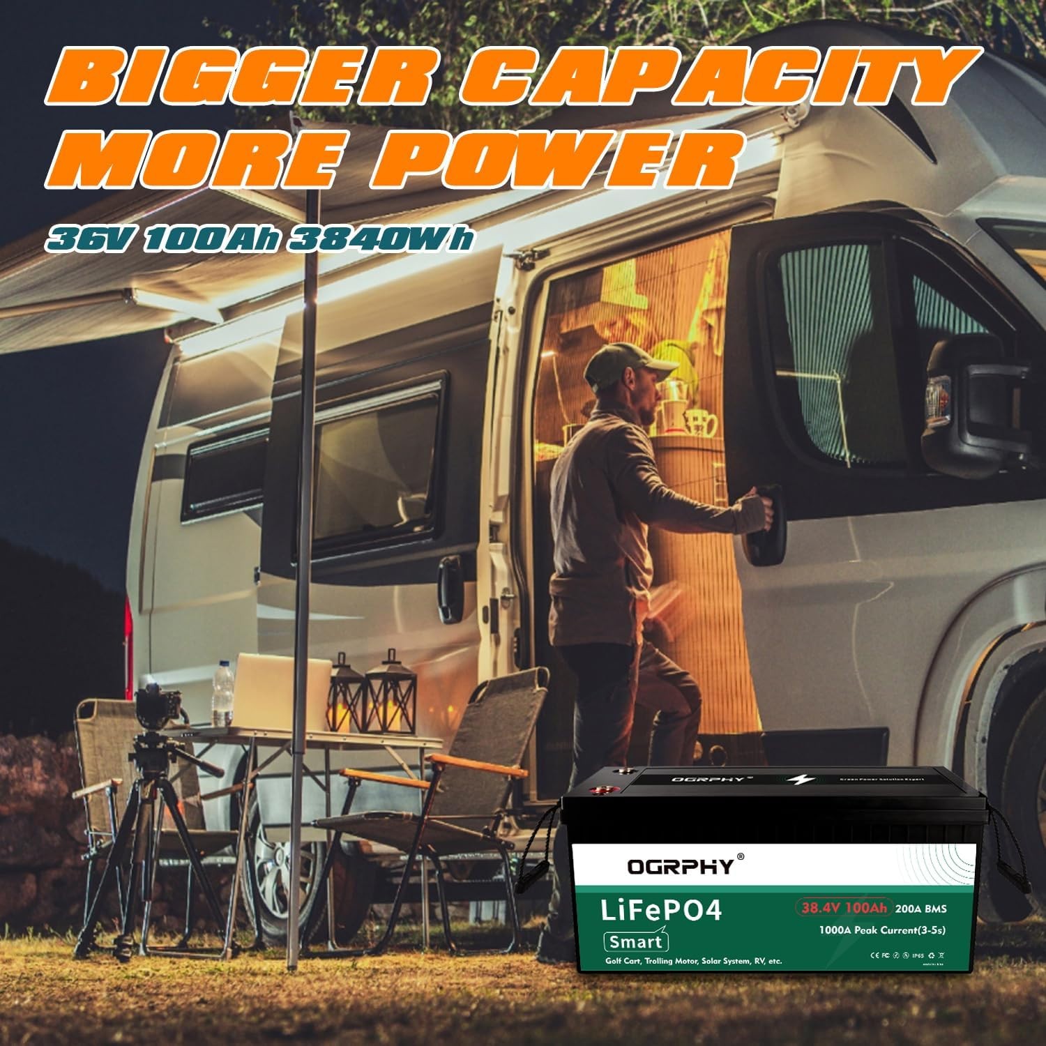 OGRPHY 36V 100Ah LiFePO4 Battery,200A BMS,for Golf Car, Trolling Motor etc(Used)