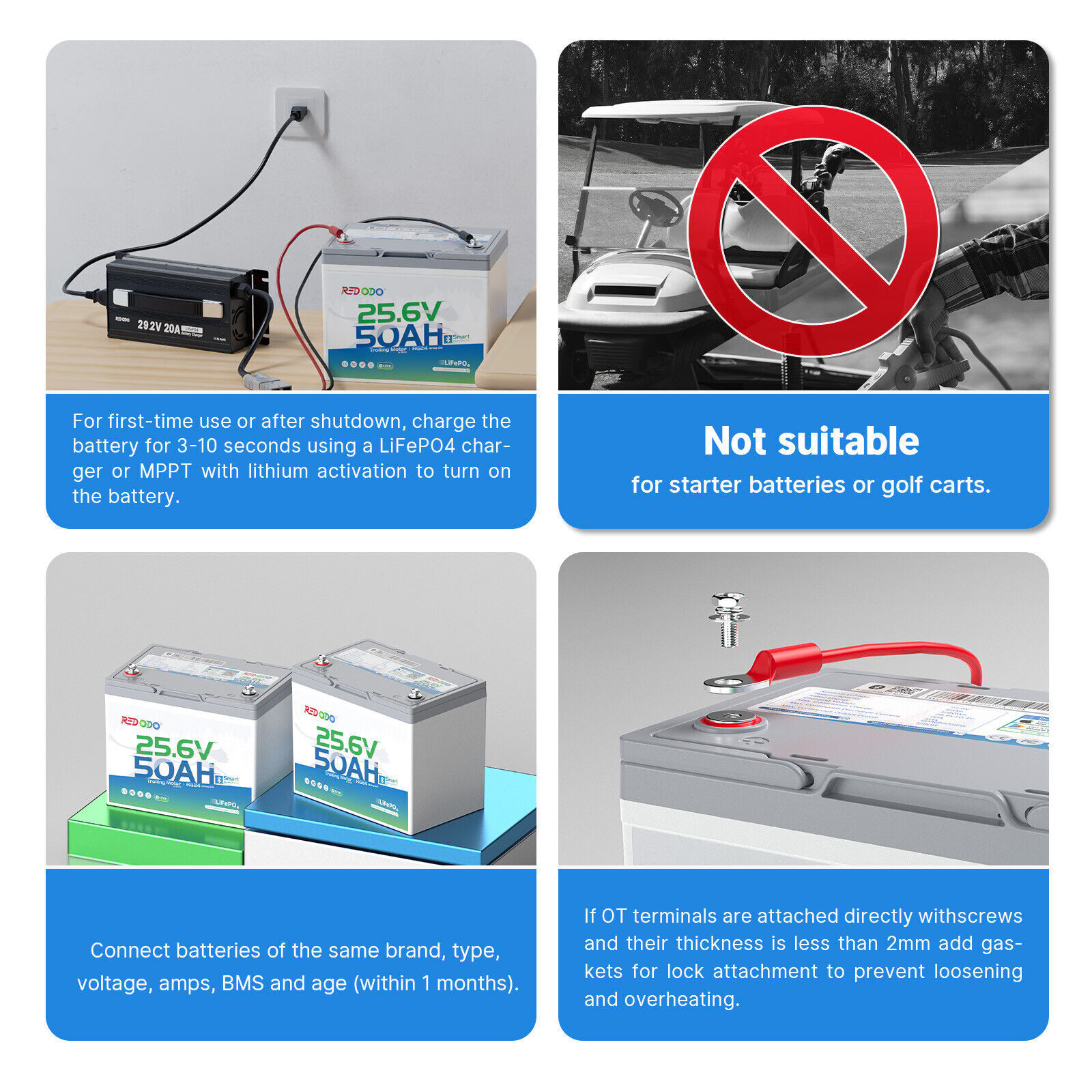 Redodo 12V 24V 36V 50Ah LiFePO4 Battery for 20-120 lbs Trolling Motor Kayak Boat