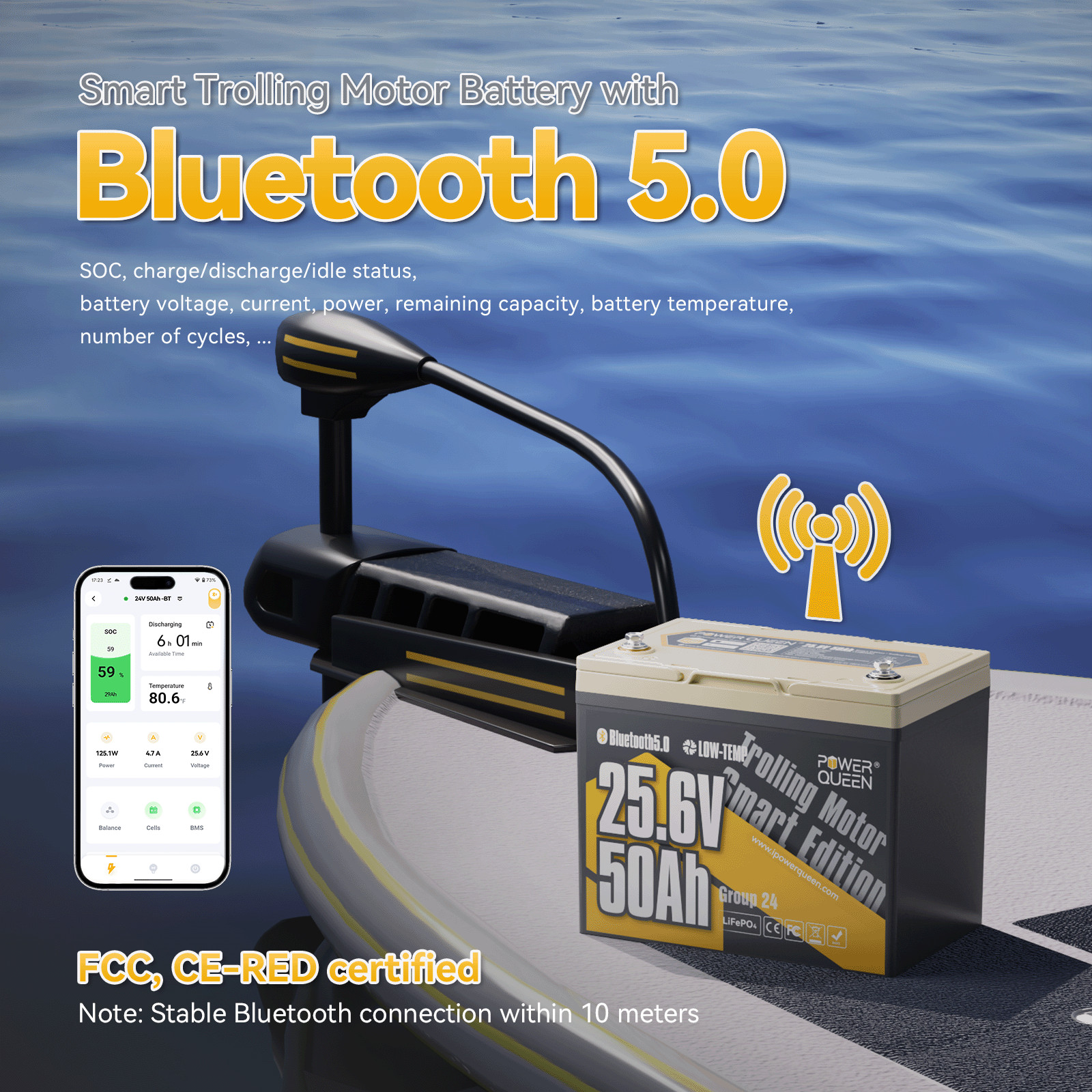 Power Queen 24V 50Ah Bluetooth LiFePO4 Battery for Trolling Motor-Used