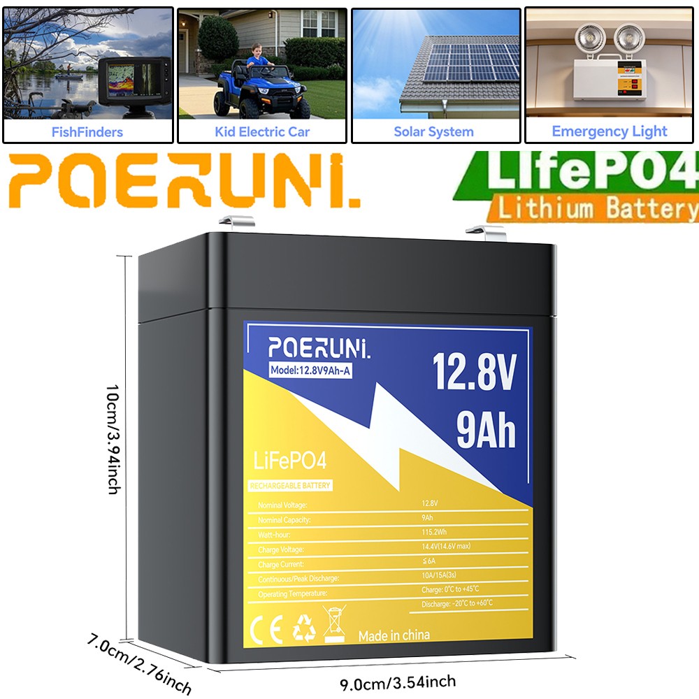 12V 9Ah LiFePO4 Lithium Battery Deep Cycle Built-in BMS For Solar Off-Grid RV