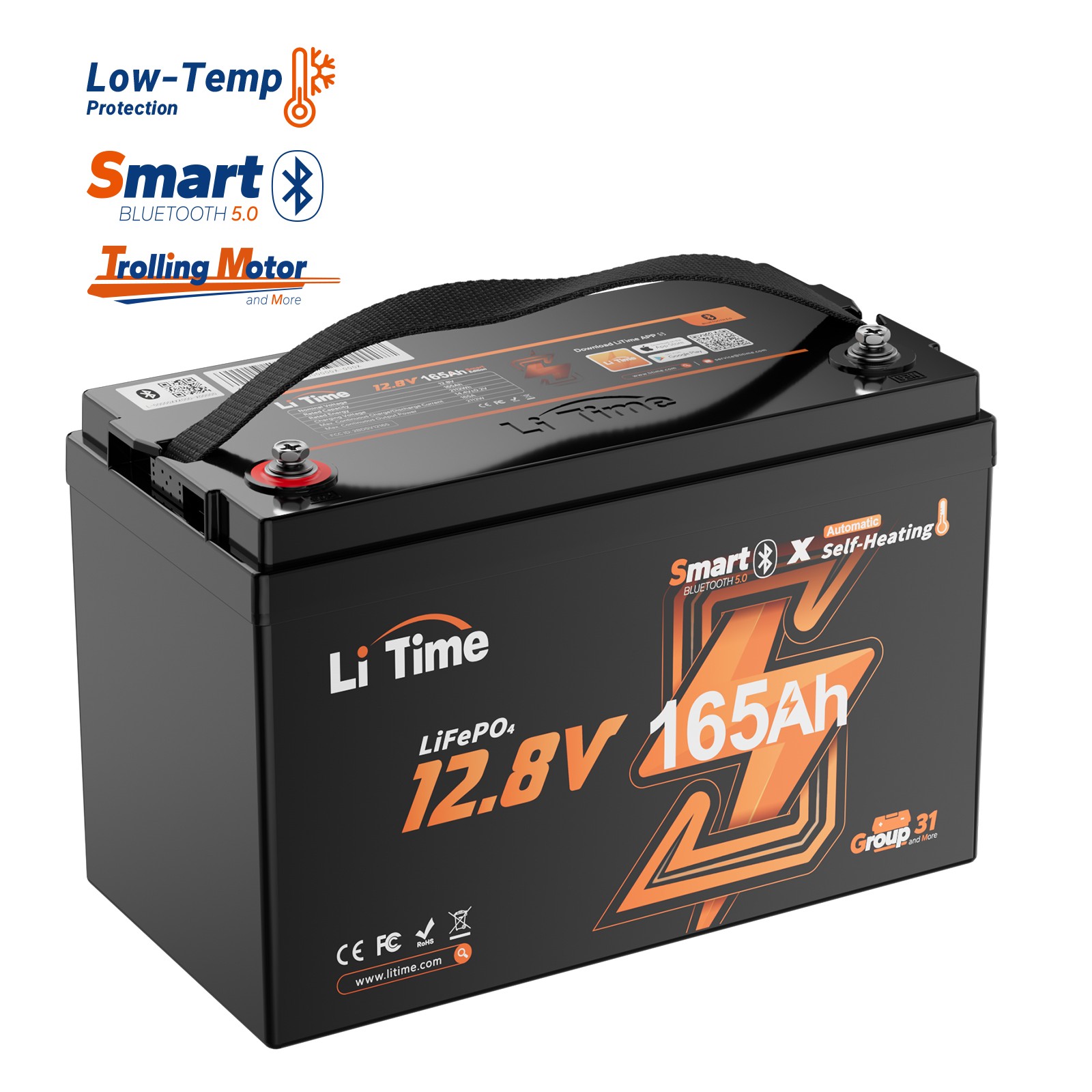 LiTime 12V 165Ah Smart Self Heating Group 31 LiFePO4 Lithium Battery For Winter