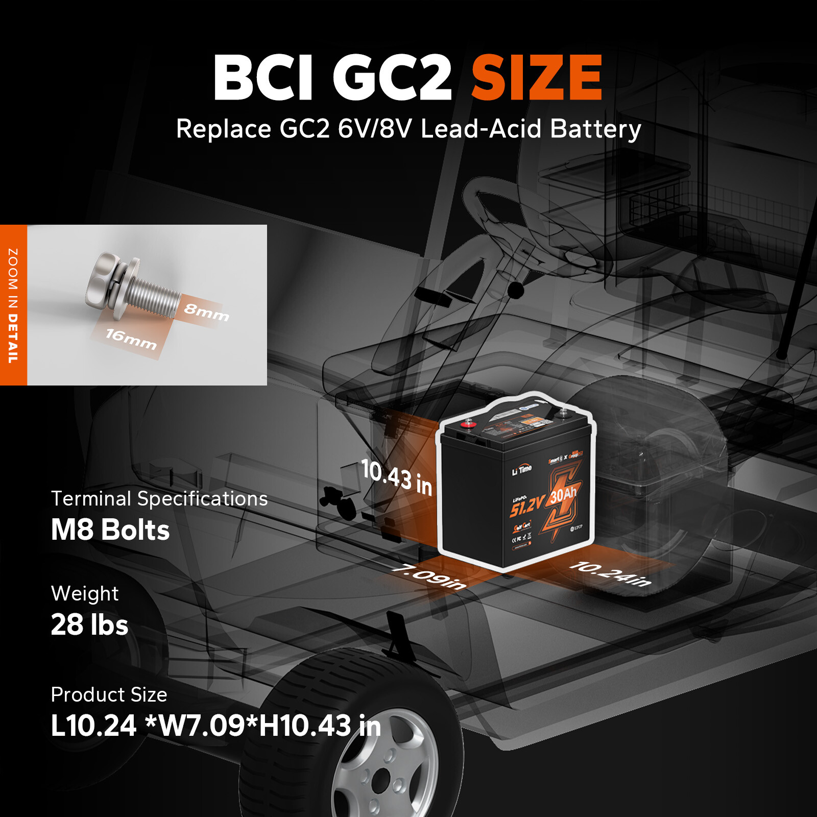 Refurbished LiTime 48V 30Ah GC2 Bluetooth Low Temp LiFePO4 Battery For Golf Cart