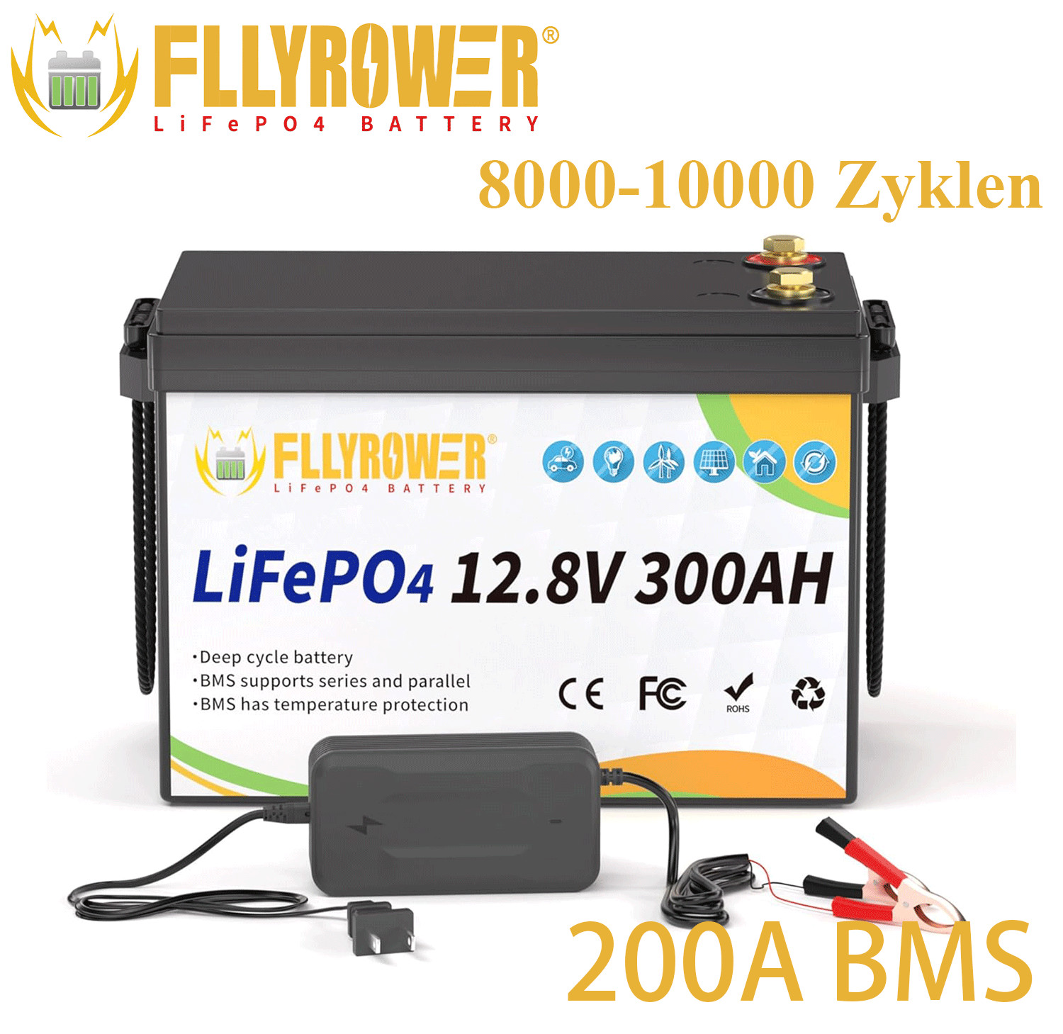 FLLYROWER 3840Wh 12V 300Ah LiFePO4 Lithium Battery 8000+ Deep Cycle For RV Home