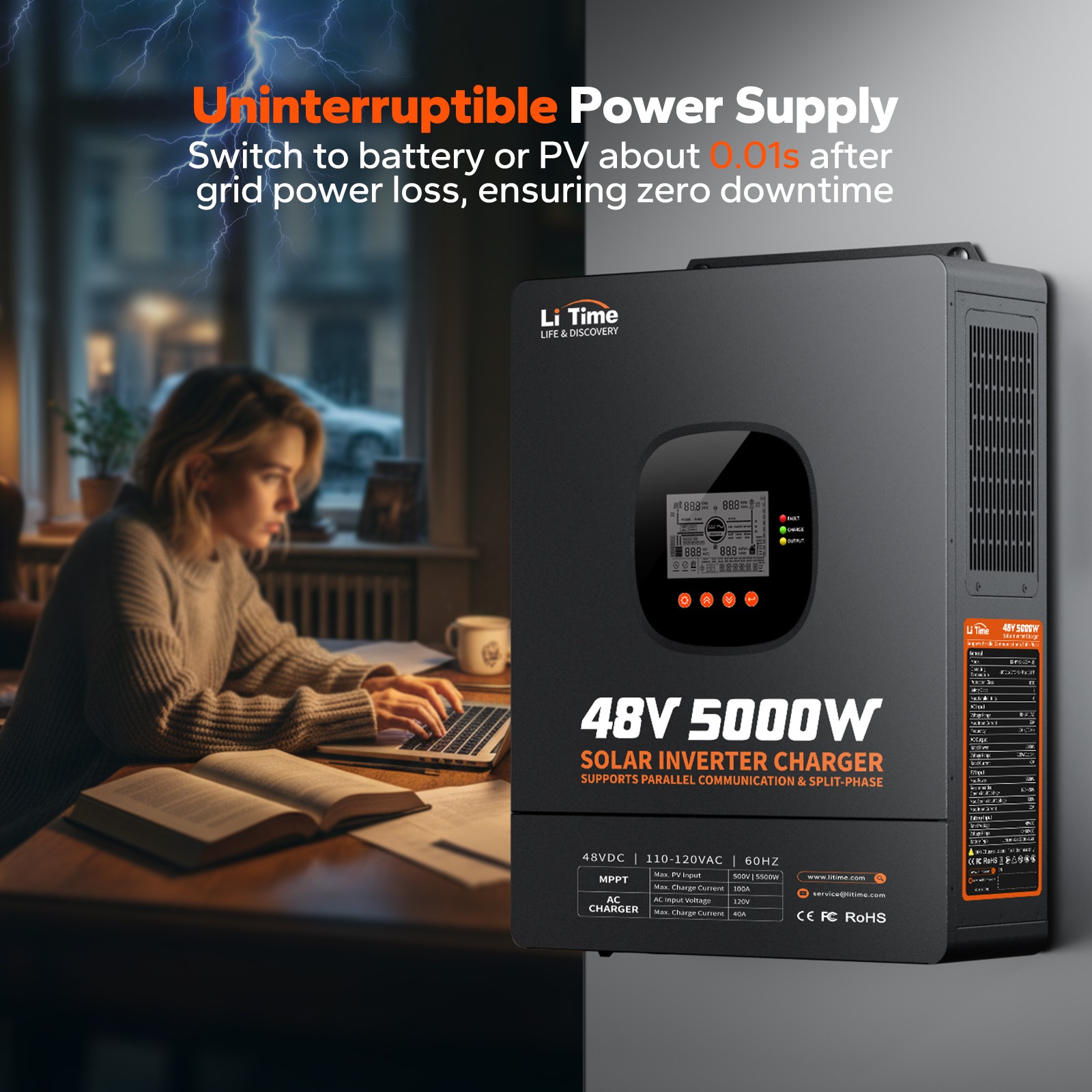 LiTime 48V 100Ah COM Bluetooth Lithium Battery with 5kW Solar Inverter Charger
