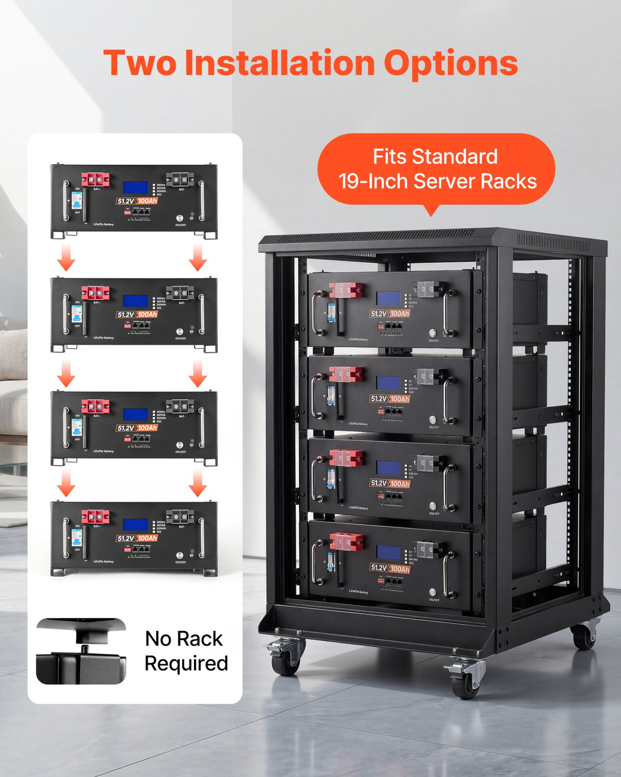 4 Pack 48V 100Ah LiFePO4 Server Rack Battery 5120Wh Bluetooth 100A BMS