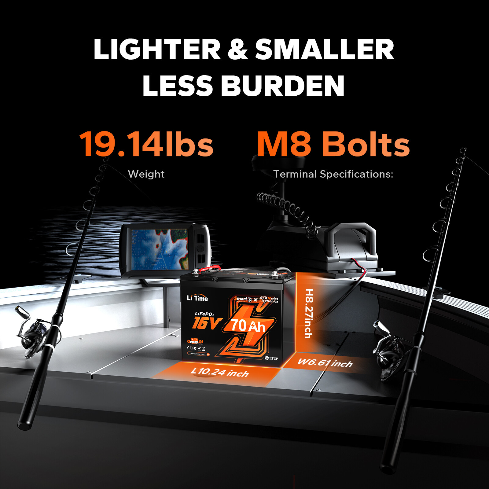 LiTime 16V 70Ah Bluetooth LiFePO4 Lithium Battery+10A Charger For Fish Finder