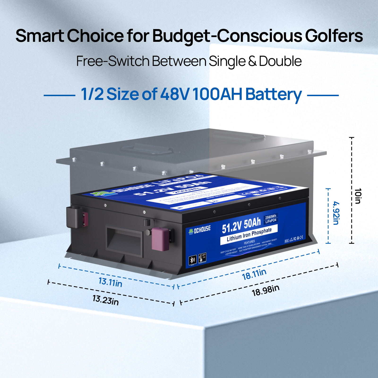 48V 50Ah LiFePO4 Lithium Battery Golf Cart with 18A Charger Smart Monitor RV