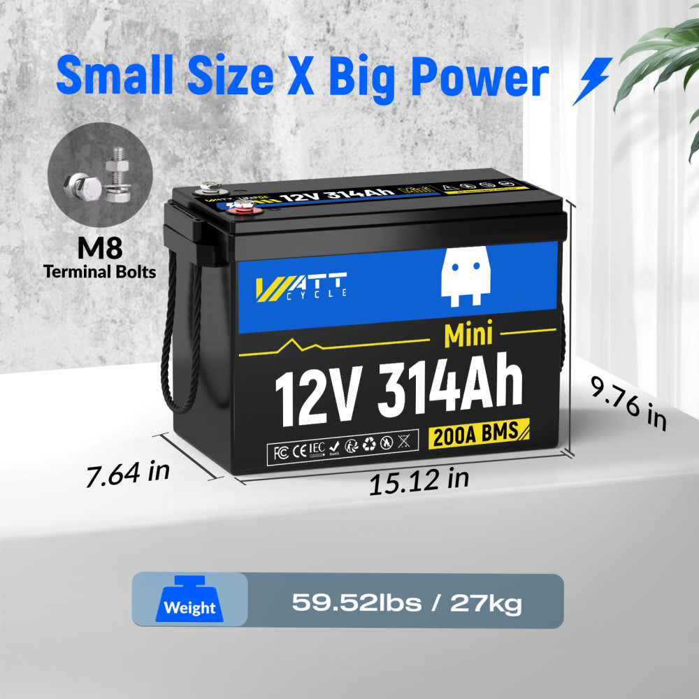 Wattcycle 314Ah 12V Lithium Battery 300Ah Deep Cycle for RV Solar Trolling Motor