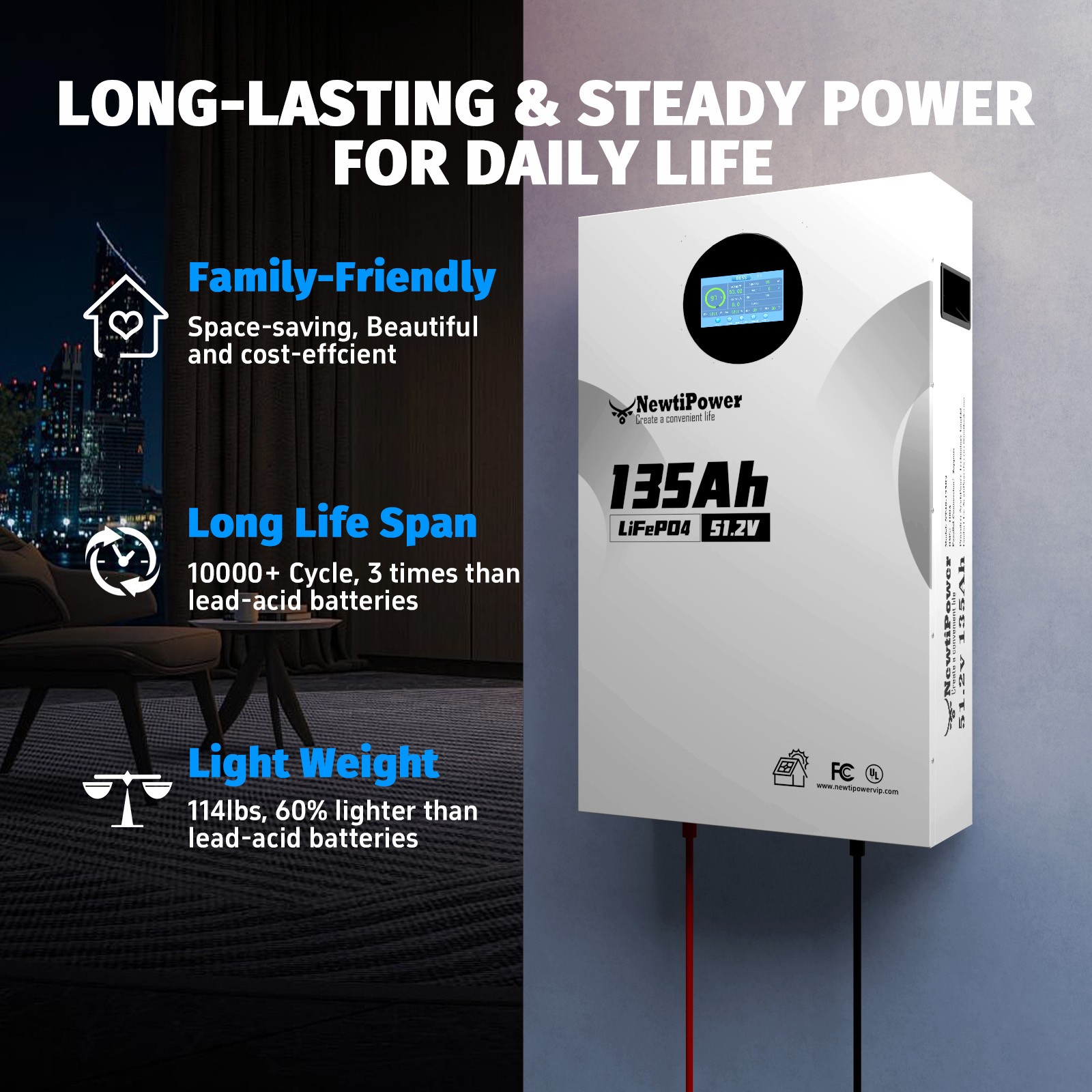 48V 135Ah LiFePO4 Lithium Battery 5120Wh Wall Mounted 100A BMS Solar Home Backup