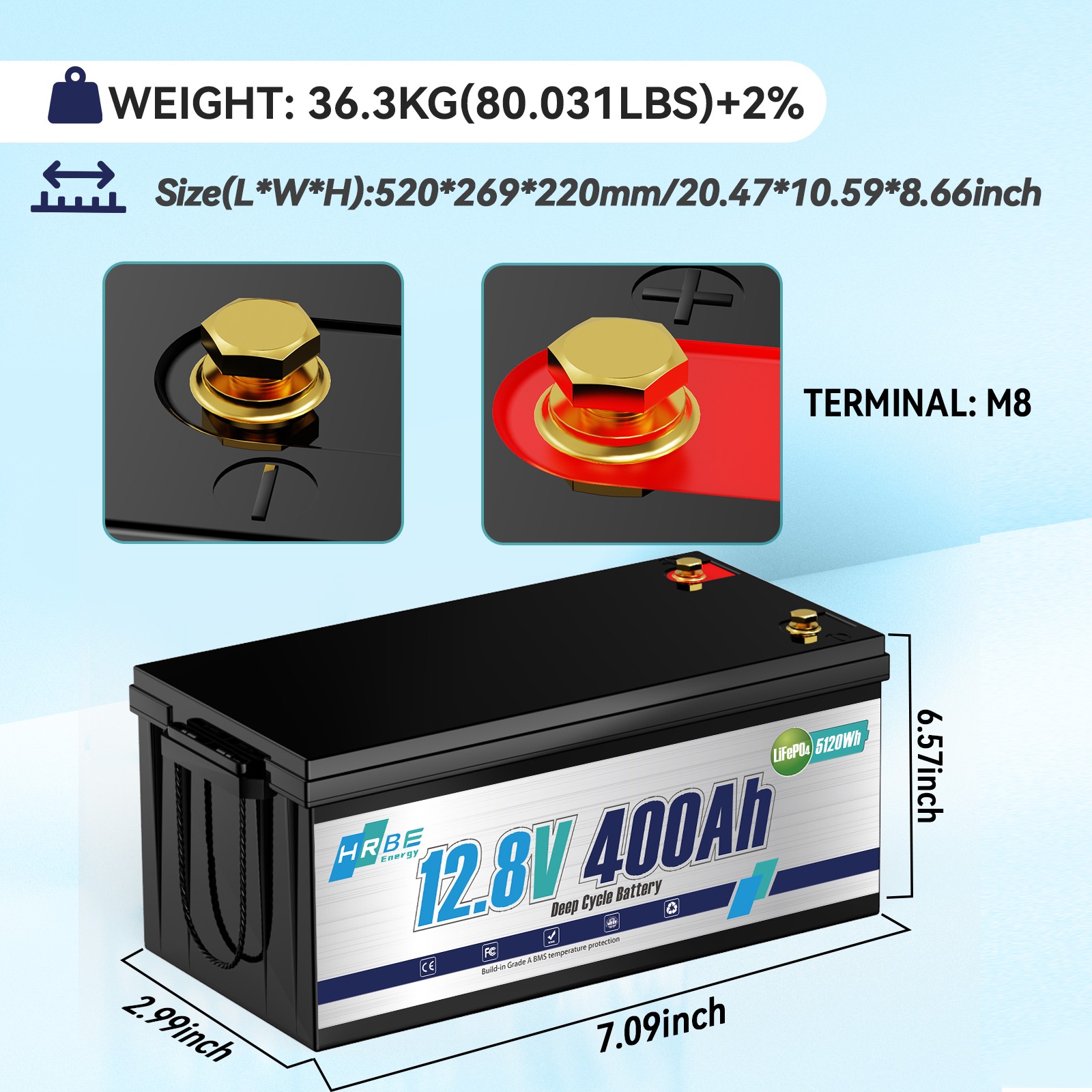 12V 400Ah LiFePO4 Lithium Battery 200A BMS 5.12kW 15000+Cycle Solar RV Off-grid