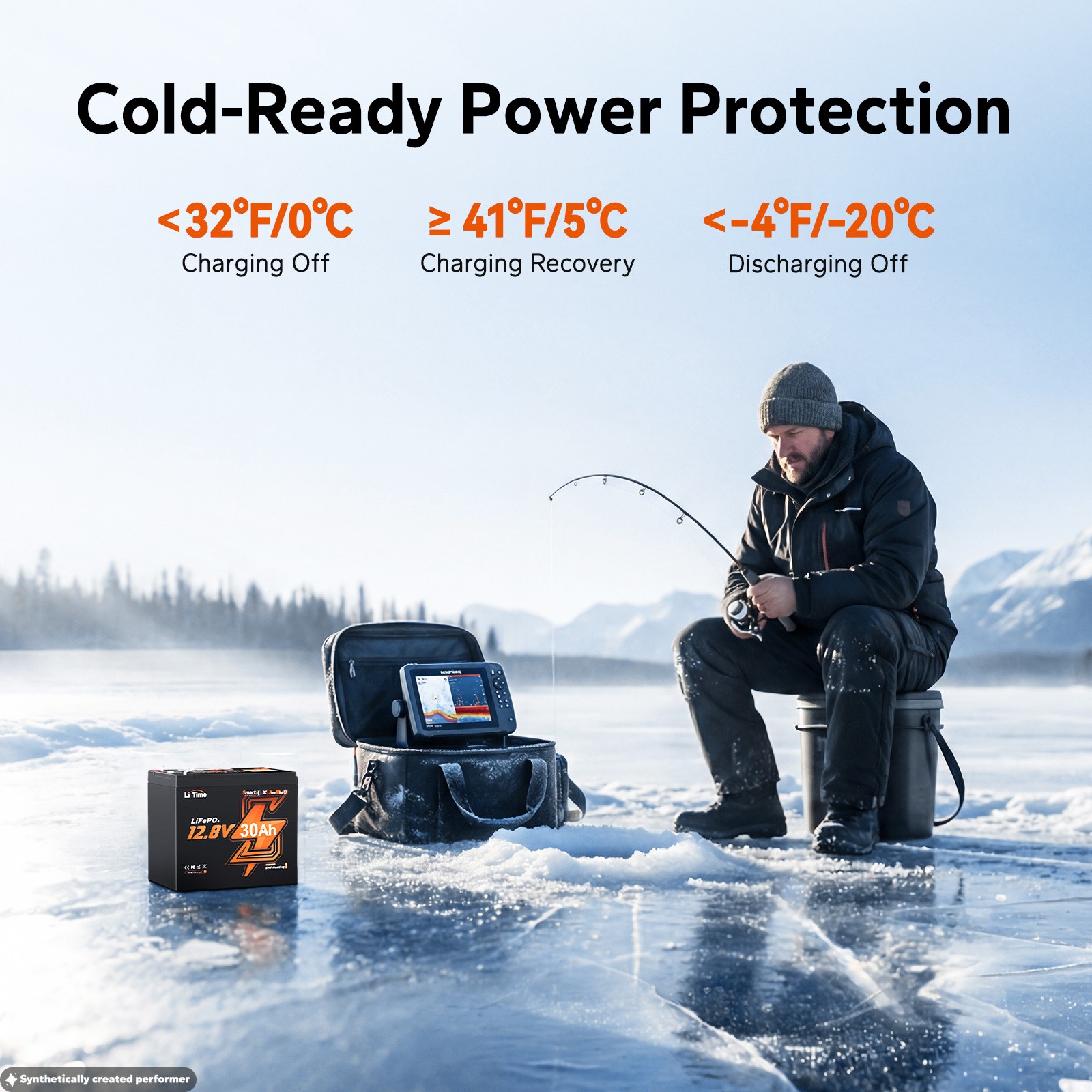 LiTime Portable 12V 30Ah Ice Fishing Lithium Battery with Bluetooth Self-Heating