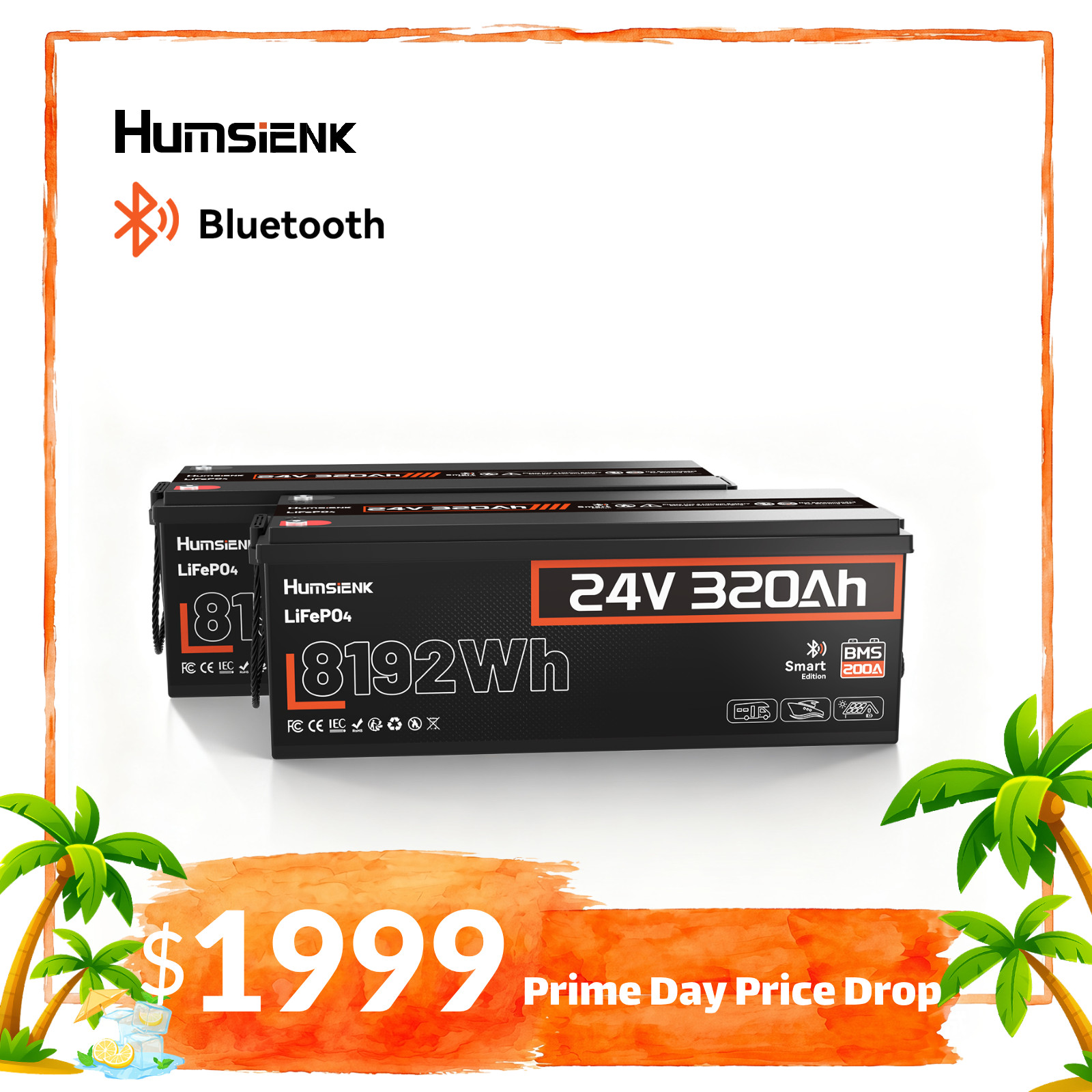 2Pack 24V 300Ah 320Ah LiFePO4 Battery 200A BMS Bluetooth APP Marine Off-grid RVs