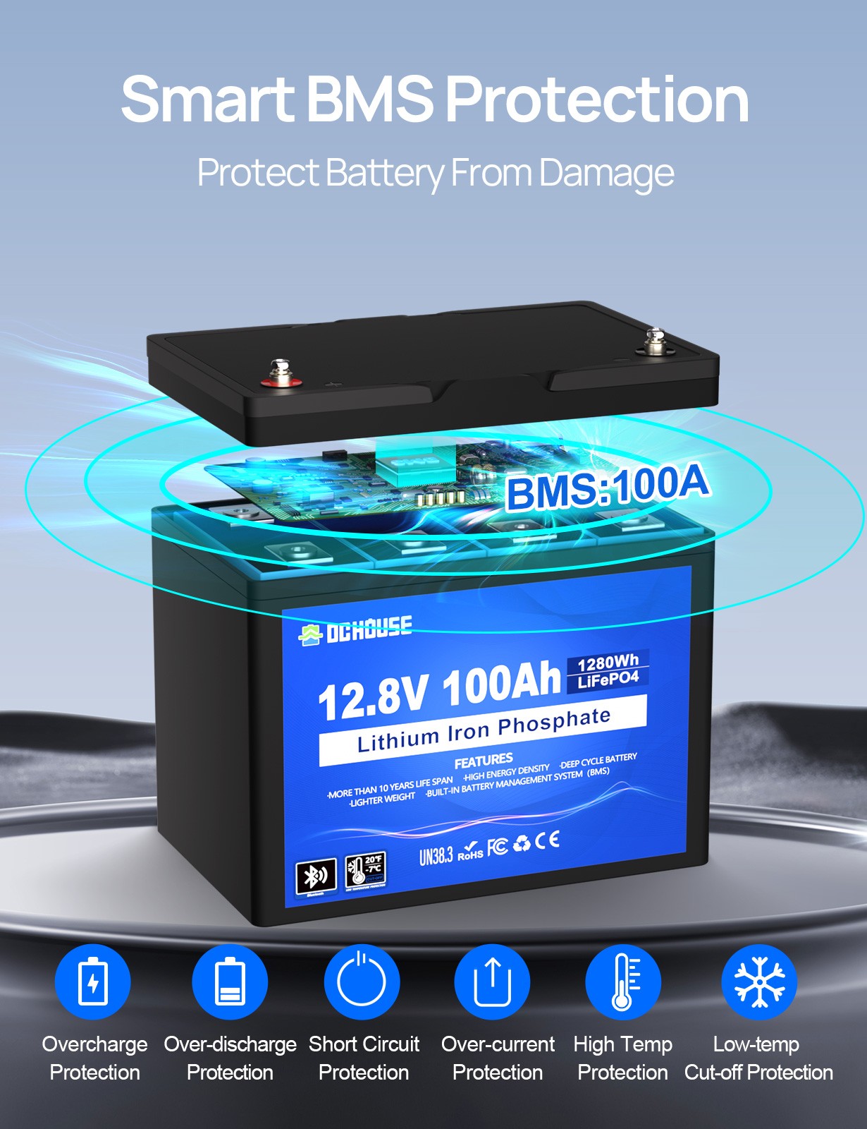12V 100Ah LiFePO4 Lithium Battery Bluetooth monitoring For RV Solar Marine