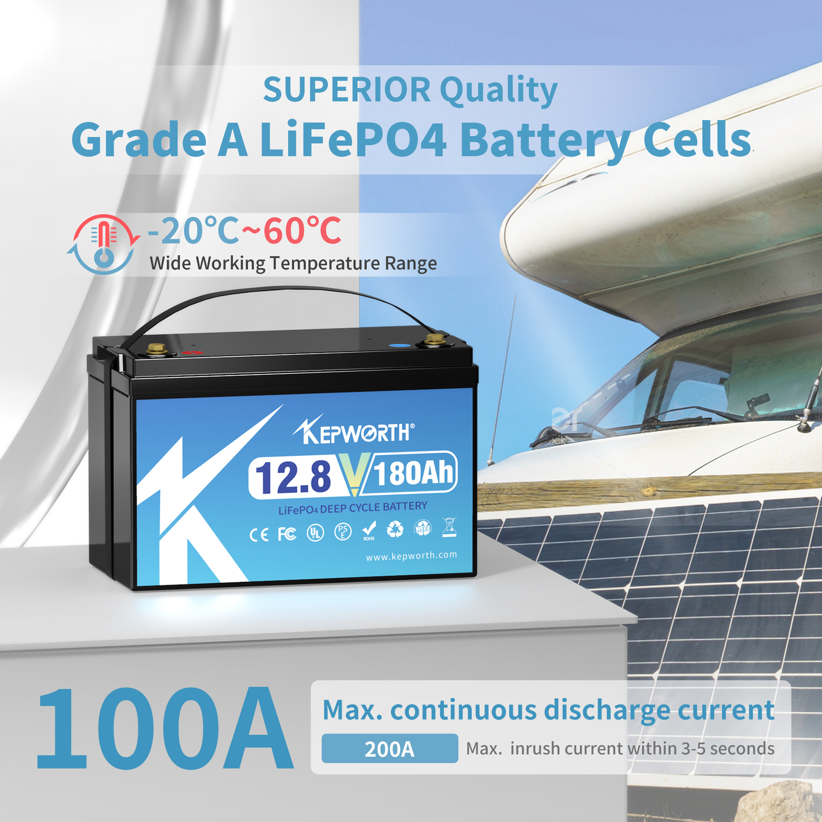 LiFePO4 12V 180AH Deep Cycle Lithium Battery RV Off Grid Solar 10 Year Lifetime