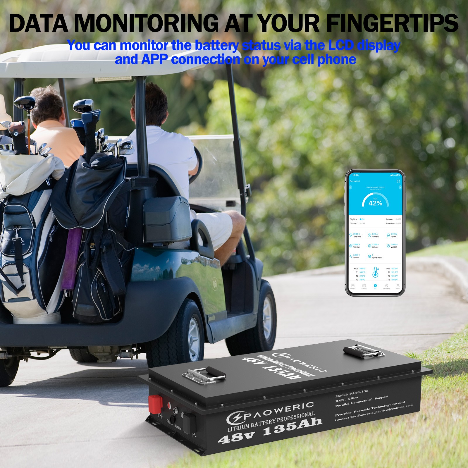 Paoweric 48V 135Ah Golf Cart LiFePO4 Lithium Battery 200A BMS RV Solar Off-Grid
