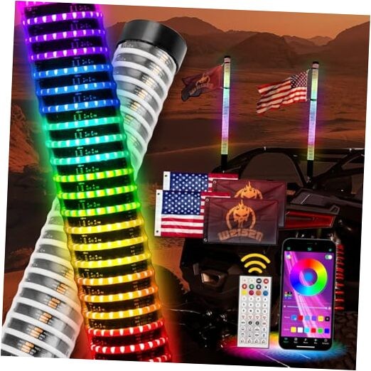 2PCS Fat COB Whip Light w/Brake Turn Reverse Light, 2″ Fat RGB Spiral 3FT