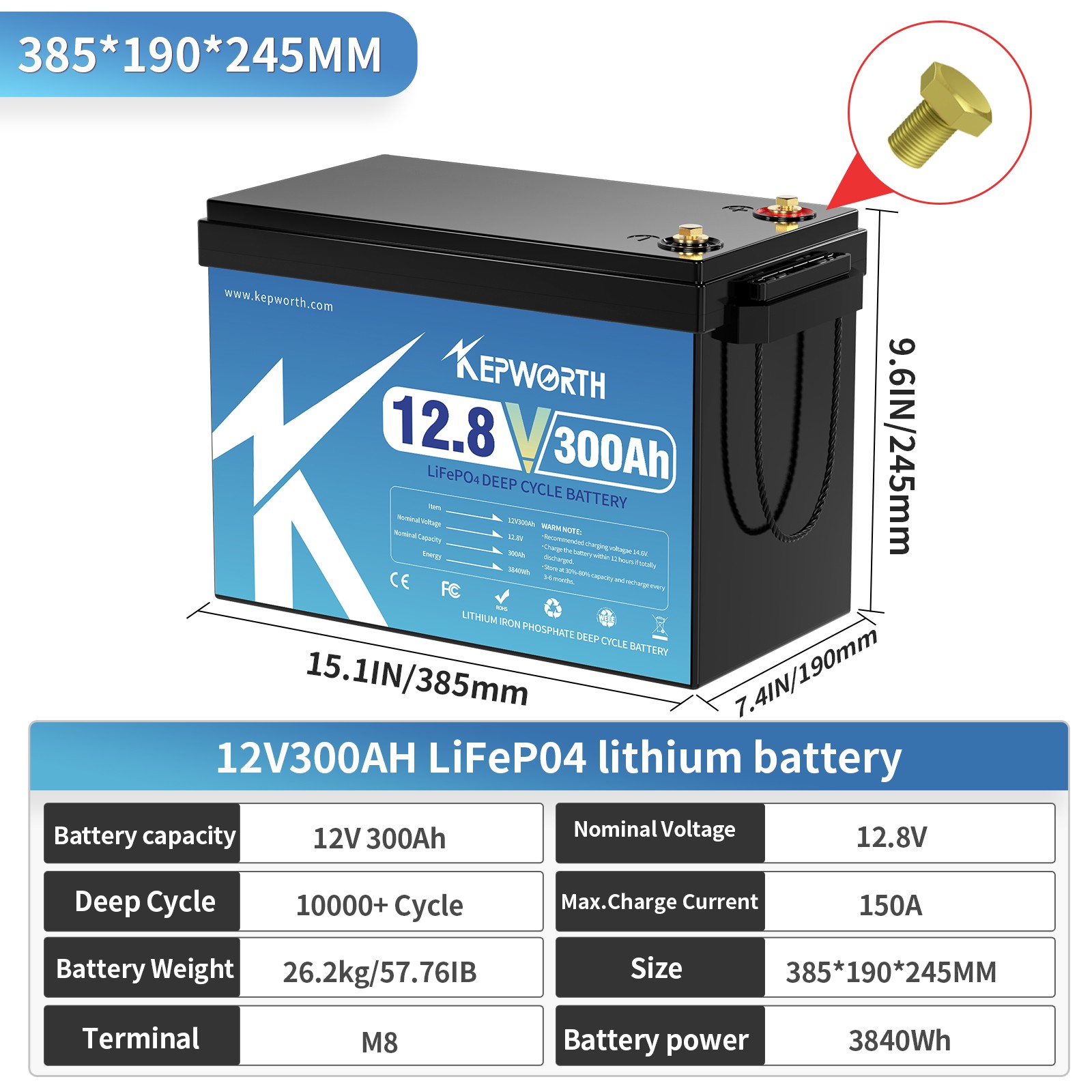 12V 300AH LiFePO4 Lithium Battery 200A BMS 3.84kw RV Solar Boat Off-grid Motor