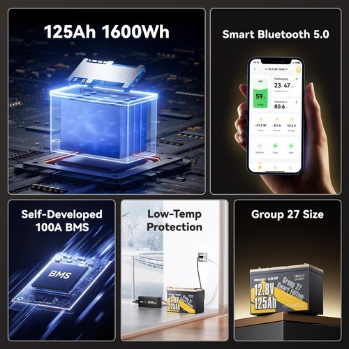 Power Queen 12V 125Ah Group 27 Bluetooth LiFePO4 Lithium Battery for RV Marine