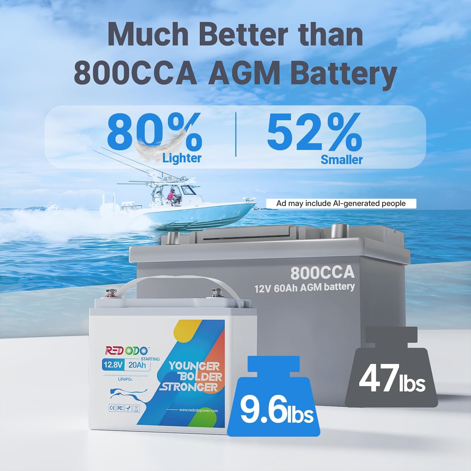 Redodo 12V 20Ah LiFePO4 Lithium Marine Cranking Battery 650CCA IP67 Waterproof