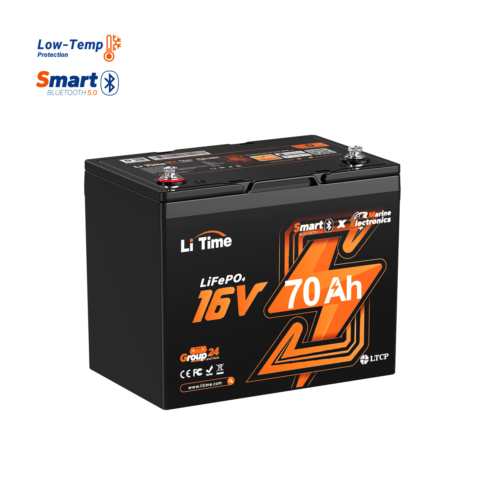 LiTime 16V 30Ah/70Ah/100Ah Bluetooth Lithium Battery Born For Fish Finder Marine