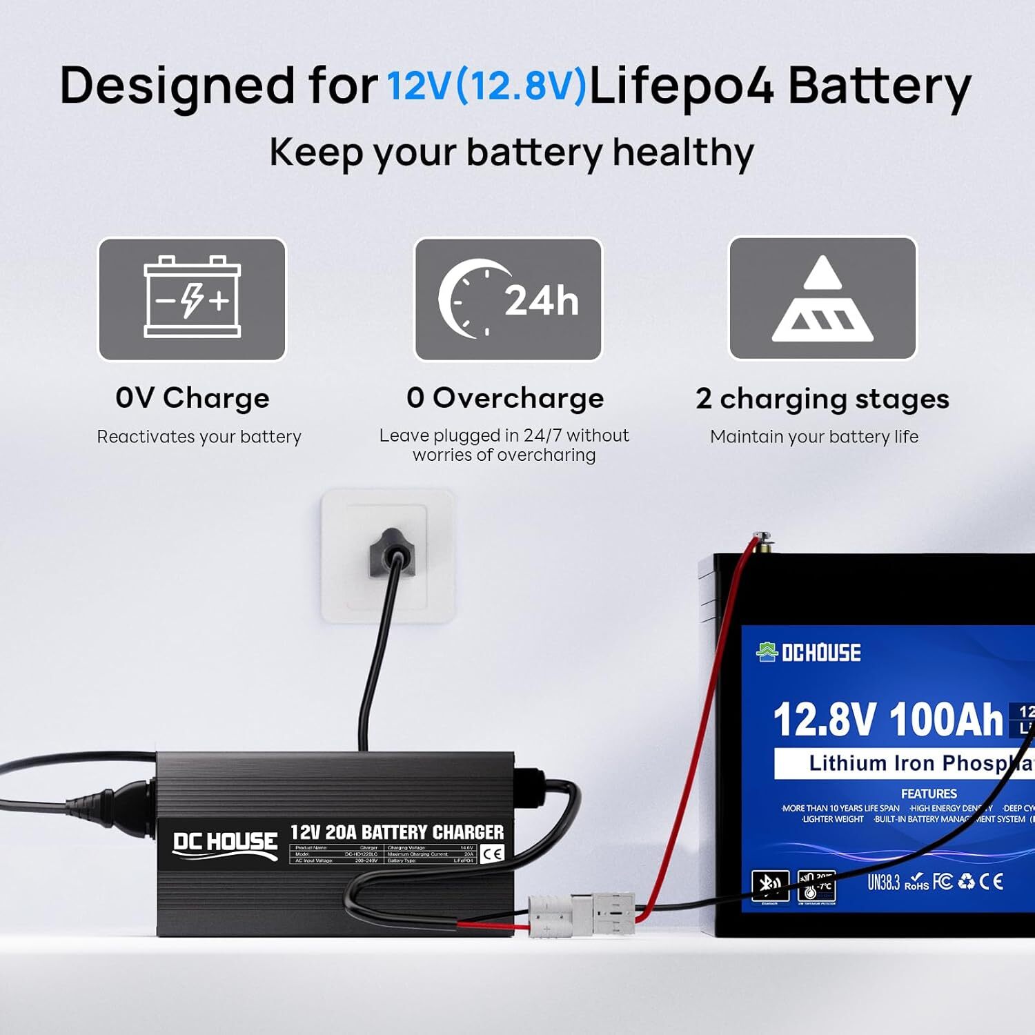 20-Amp 20A Smart Charger for Lithium Iron Phosphate (LiFePO4) Battery 12V 14.6V