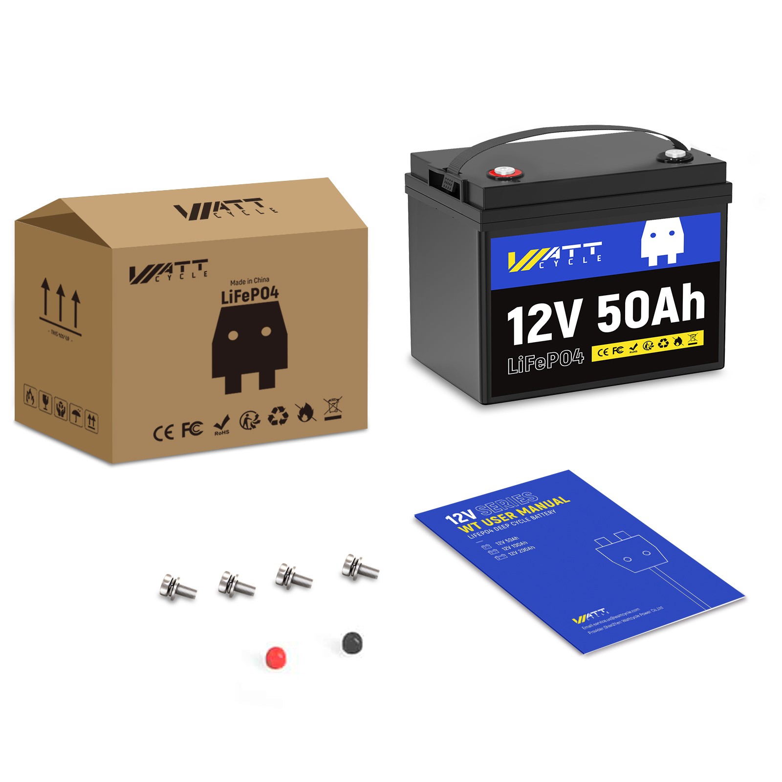Wattcycle 12V 50Ah 50A BMS 640Wh LiFePO4 Lithium Battery Deep Cycle for Solar