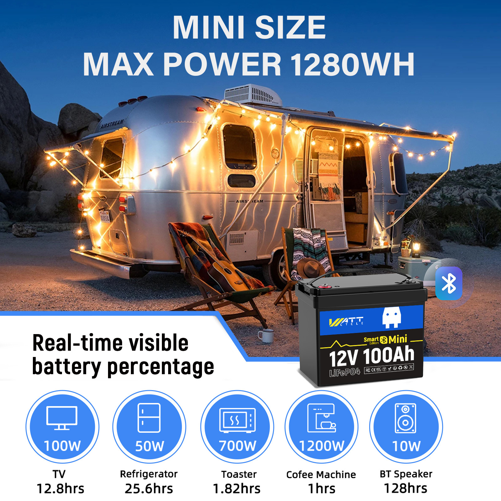 Wattcycle 12V 100Ah Lithium Battery Deep Cycle with BMS for RV Solar Off-Grid