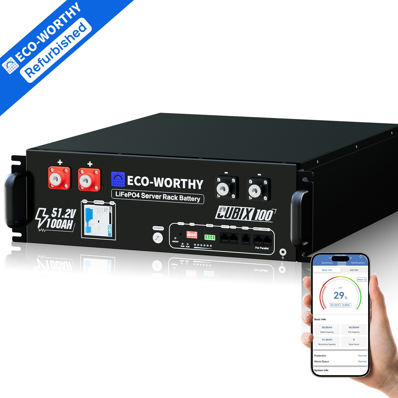 ECO-WORTHY 5.12kWh 48V 100AH Server Rack LiFePO4 Battery For Back-Up V3 Version