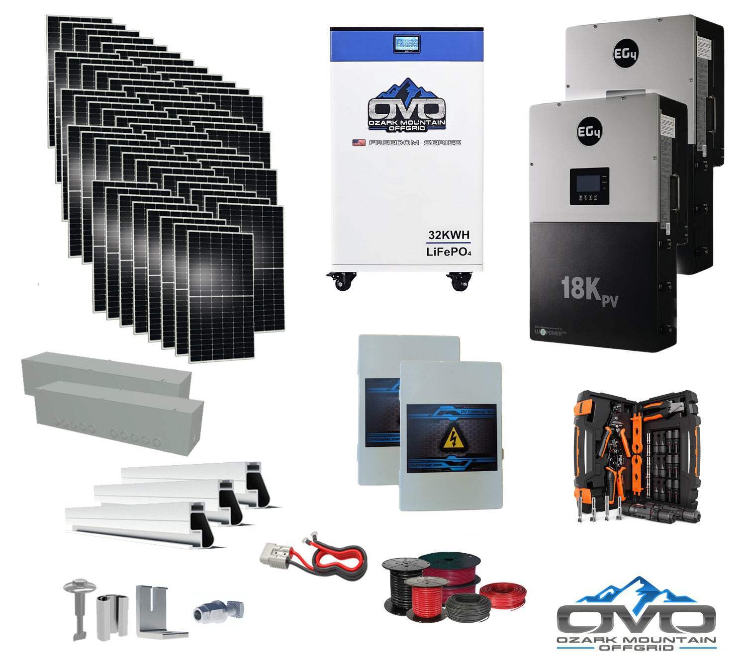 30KW Complete Offgrid Solar Kit + EG4 18kPV + 32KW OMO 48V Freedom Series Lithiu