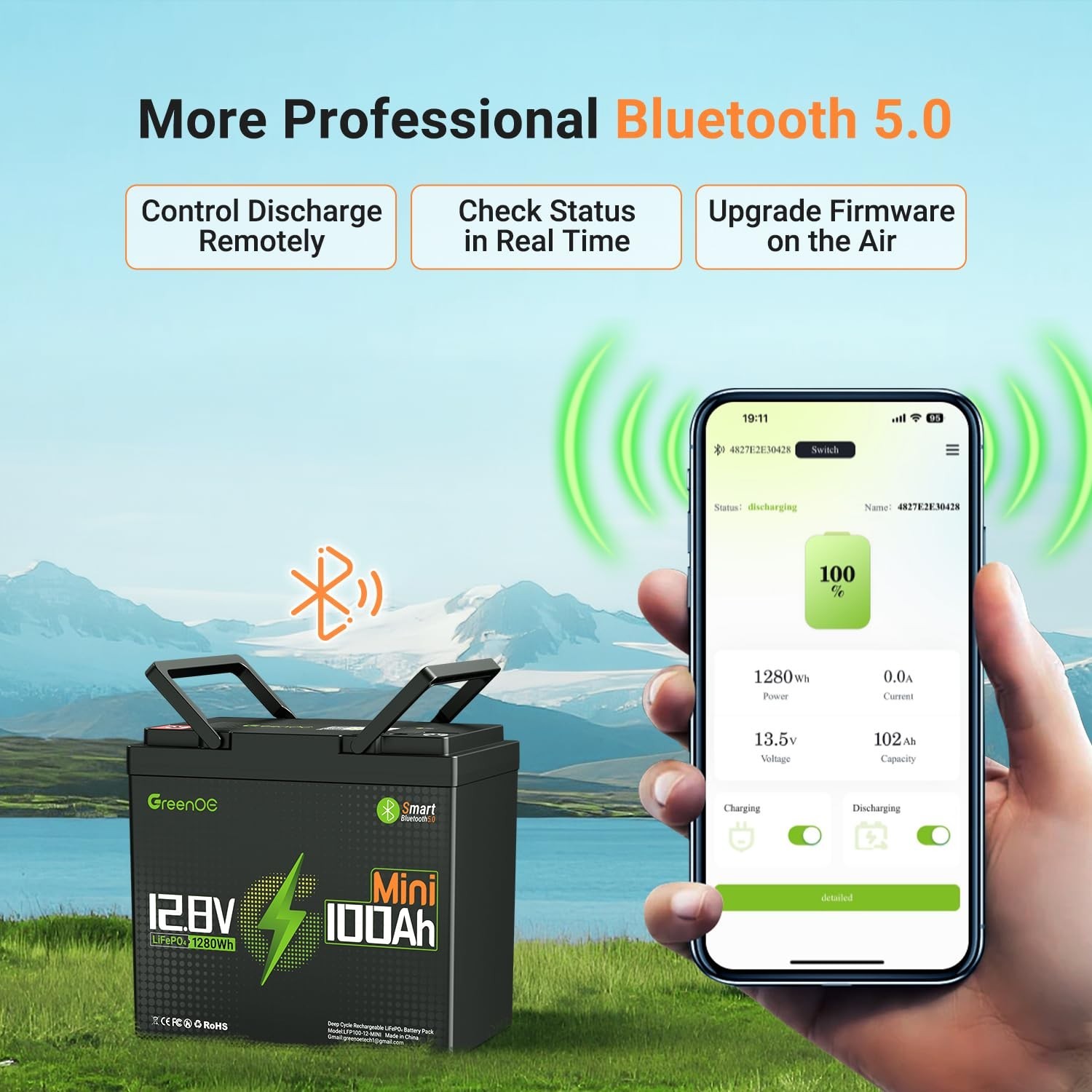 GreenOE 12V 100Ah Bluetooth Mini LiFePO4 Battery 15000 Deep Cycles For Solar Rv