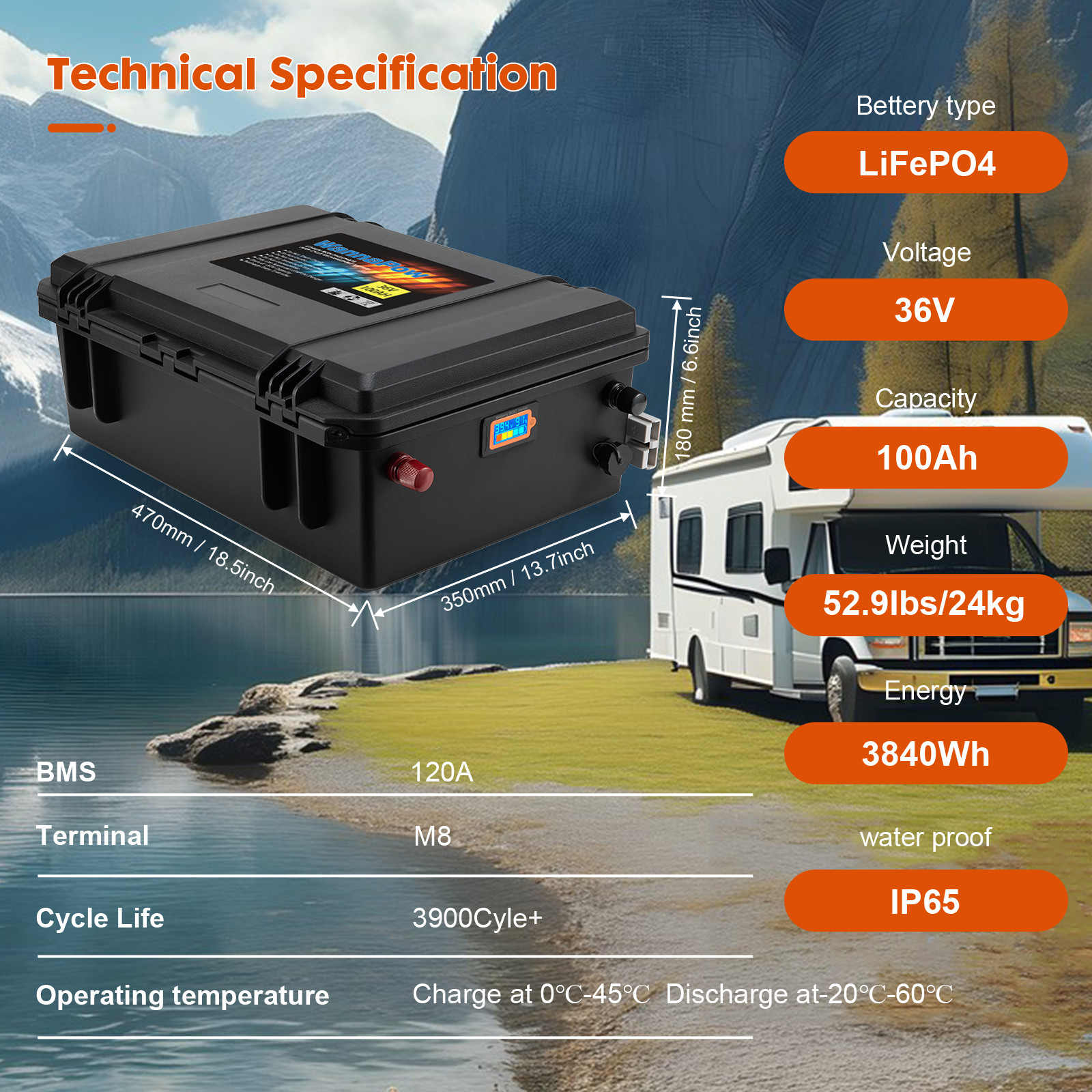 WannaPow 36V 100Ah LiFePO4 Battery BMS Deep Cycle For Trolling Motor,RV,Solar