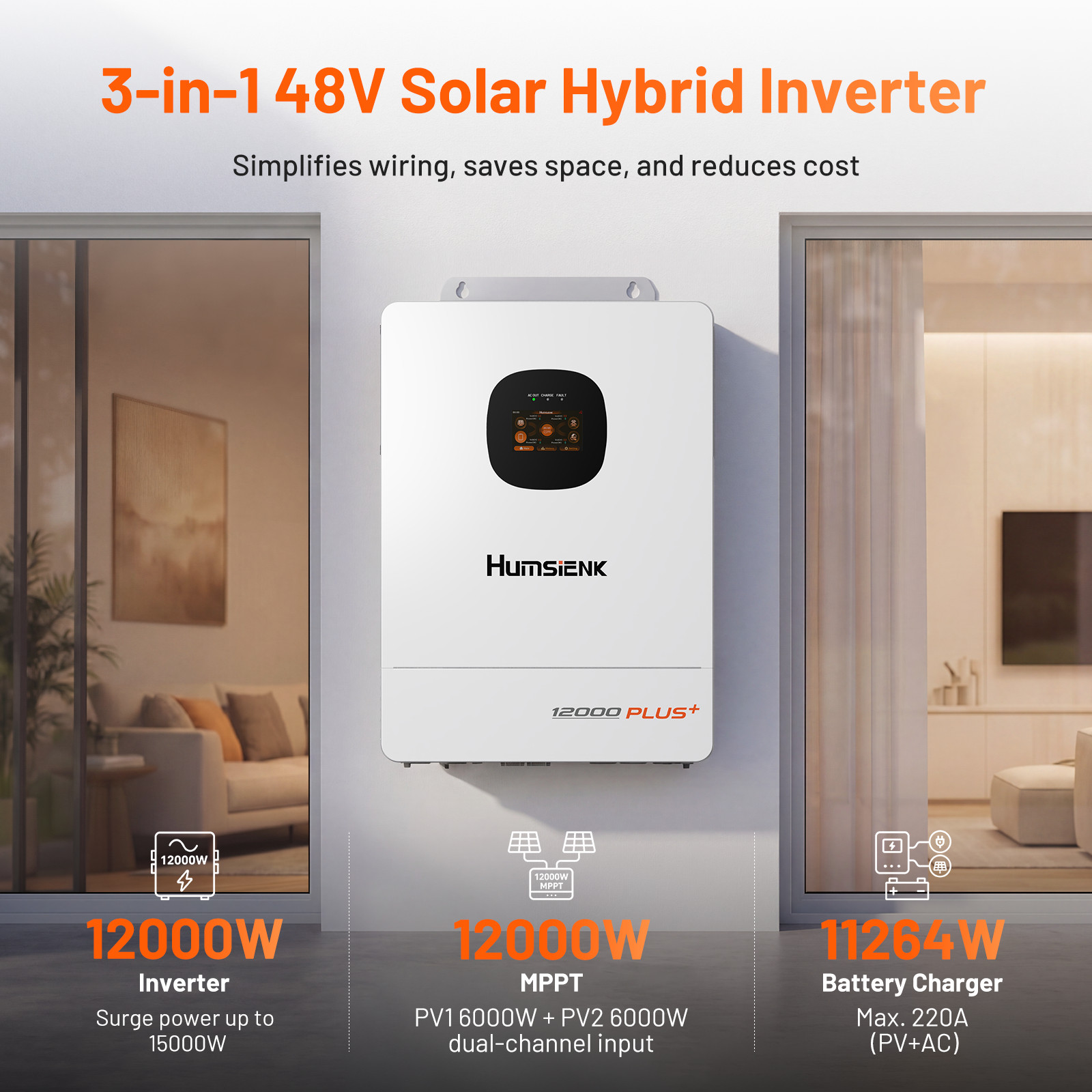 Humsienk 48V 12000W Solar Hybrid Inverter 3-in-1 120V/240V Split Phase Dual MPPT