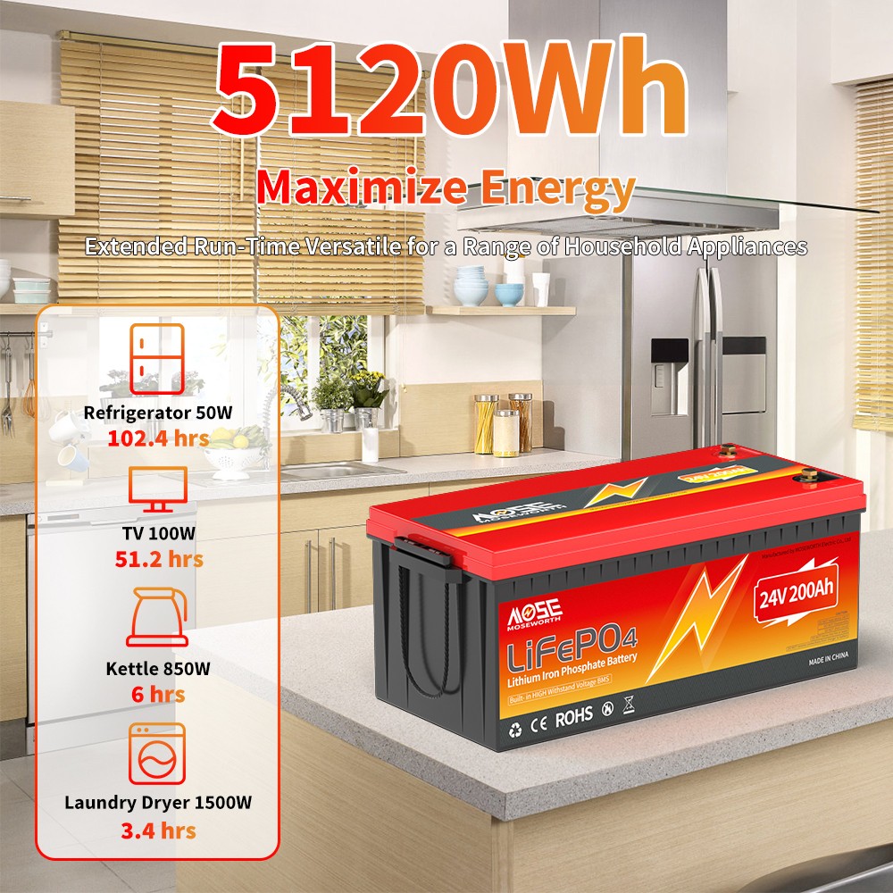 24V 200Ah LiFePO4 Deep Cycle Lithium Battery 200A BMS RV Solar Off-grid Marine