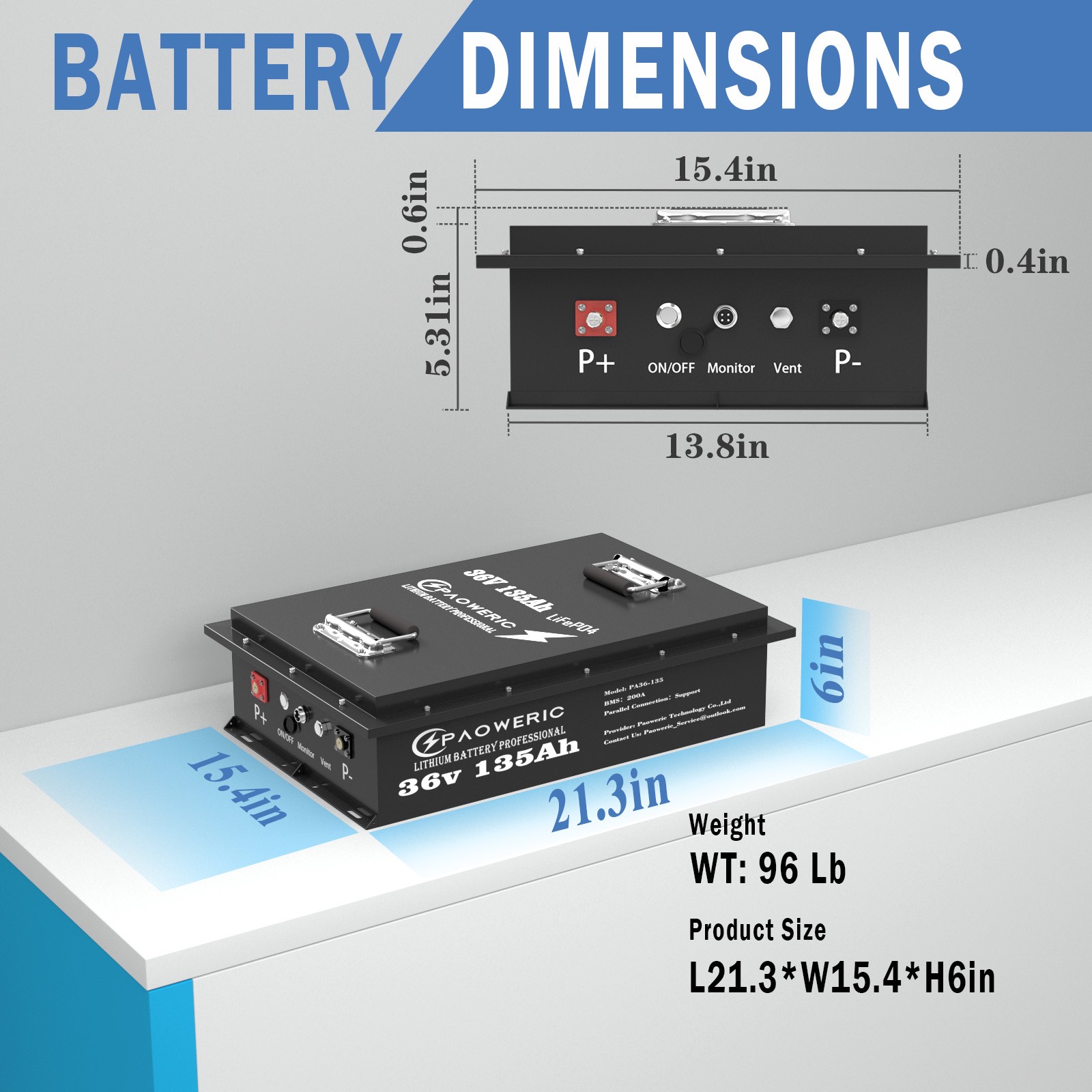 Paoweric 36V 135Ah LiFePO4 Lithium Golf Cart Battery 200A BMS Solar Off-Grid U
