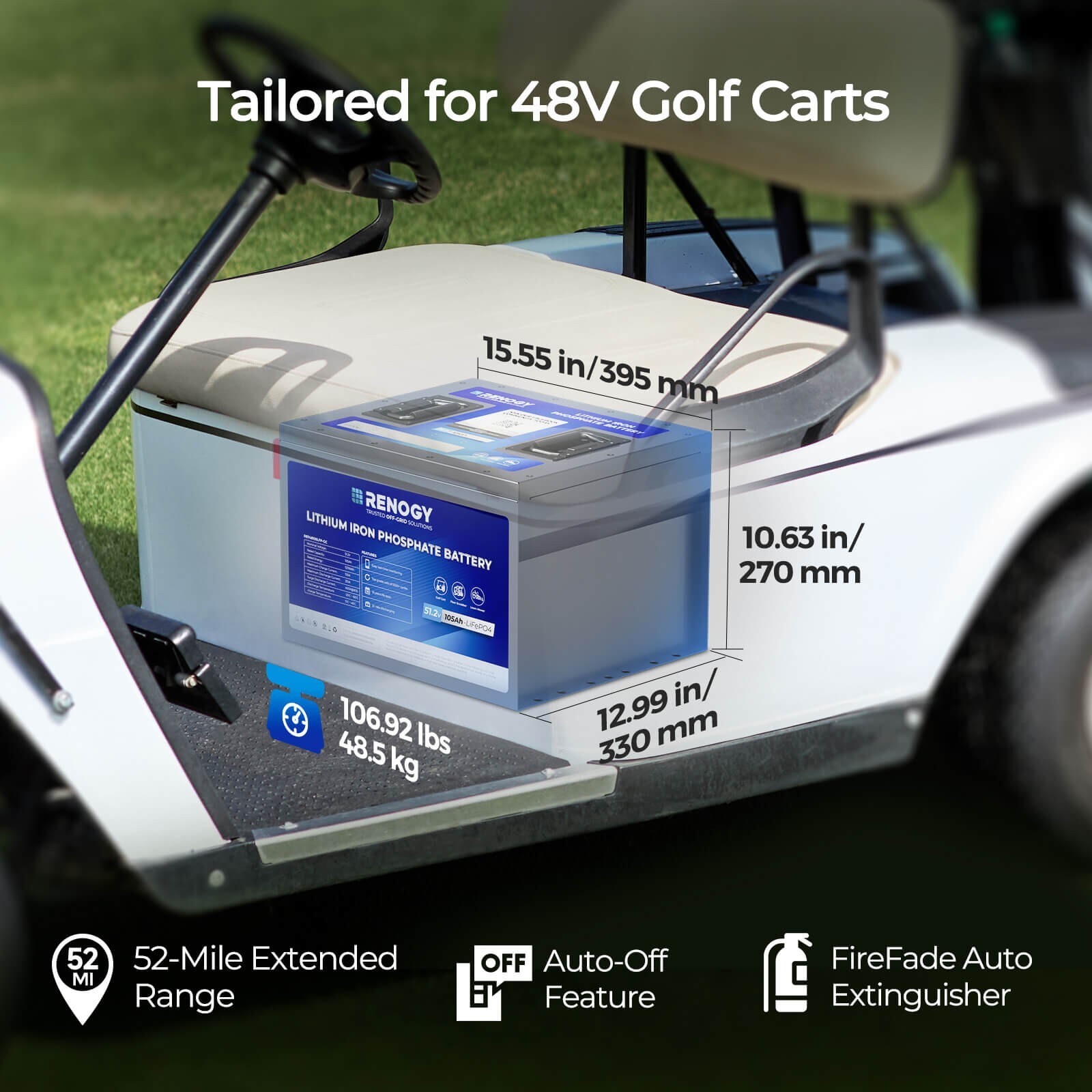 Renogy 48V 105Ah Lithium Iron Phosphate Battery Golf Cart 5000+ Cycles IP65