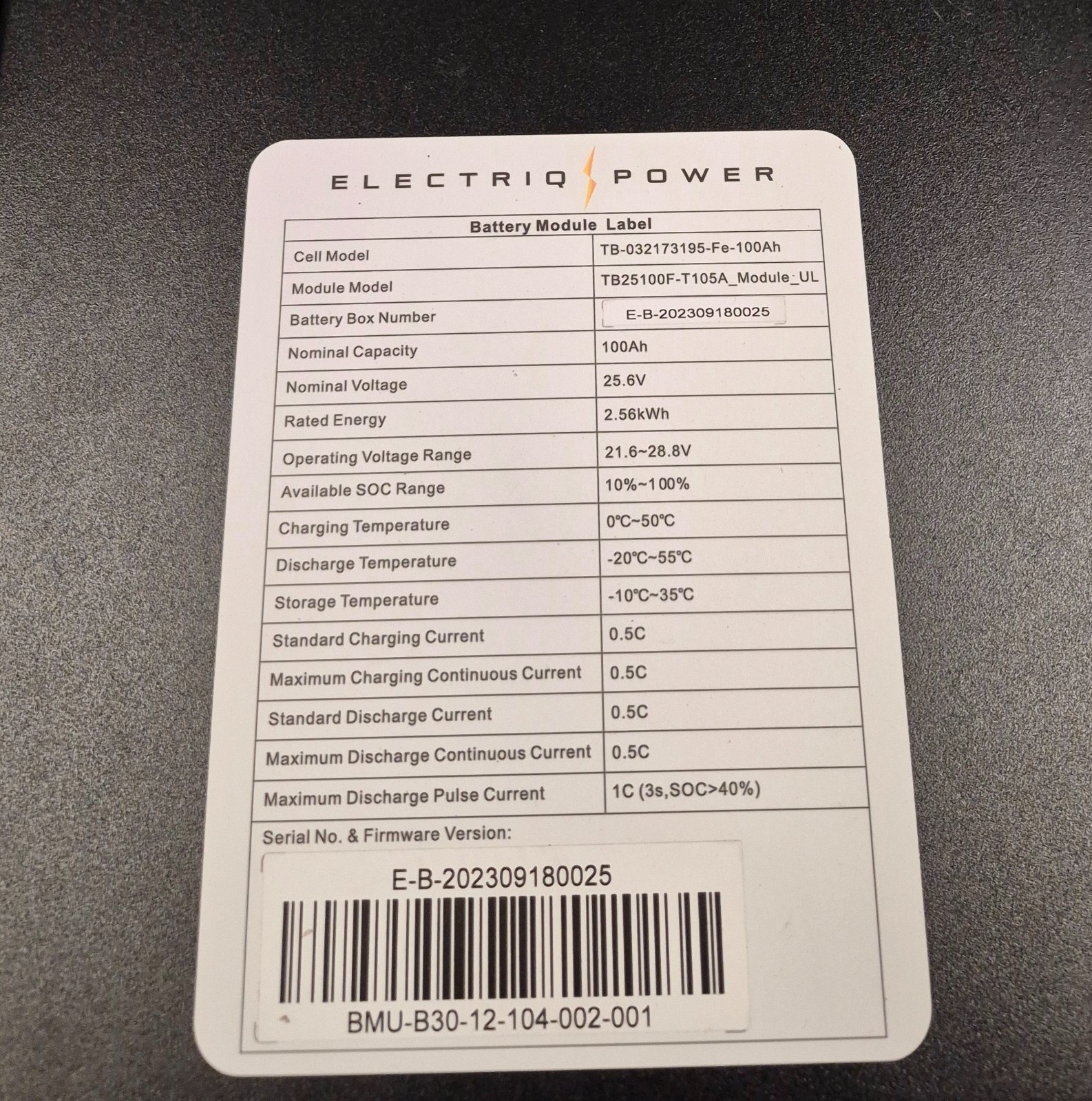 CATL LFP 100Ah 2.56kwh 25.6V (21.6V- 28.8V) Electriq Power/Kohler Battery