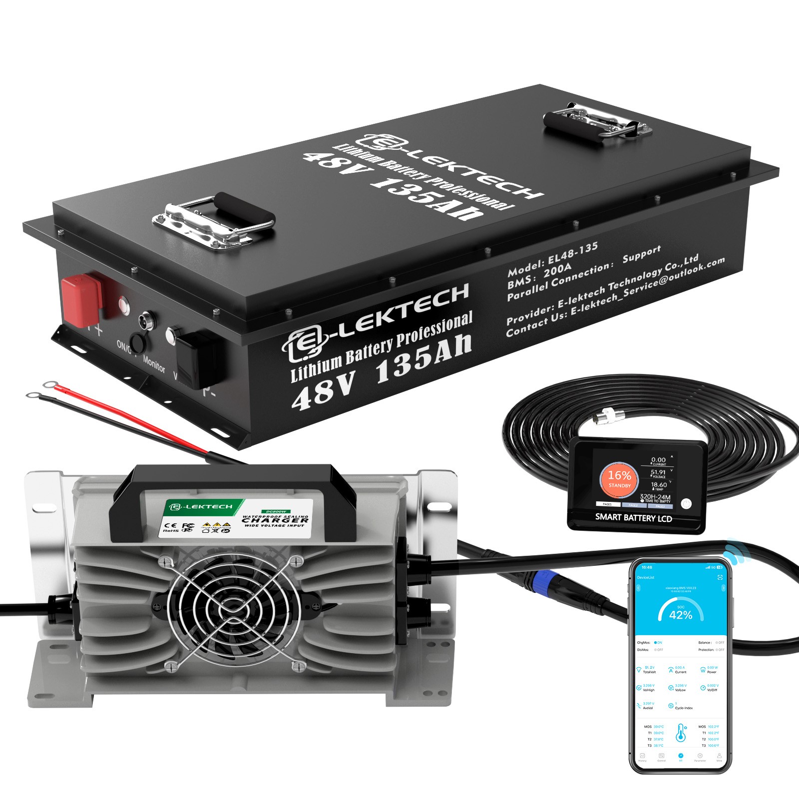 48V 135Ah Golf Cart LiFePO4 Lithium Battery kit 200A BMS with Charger Monitor