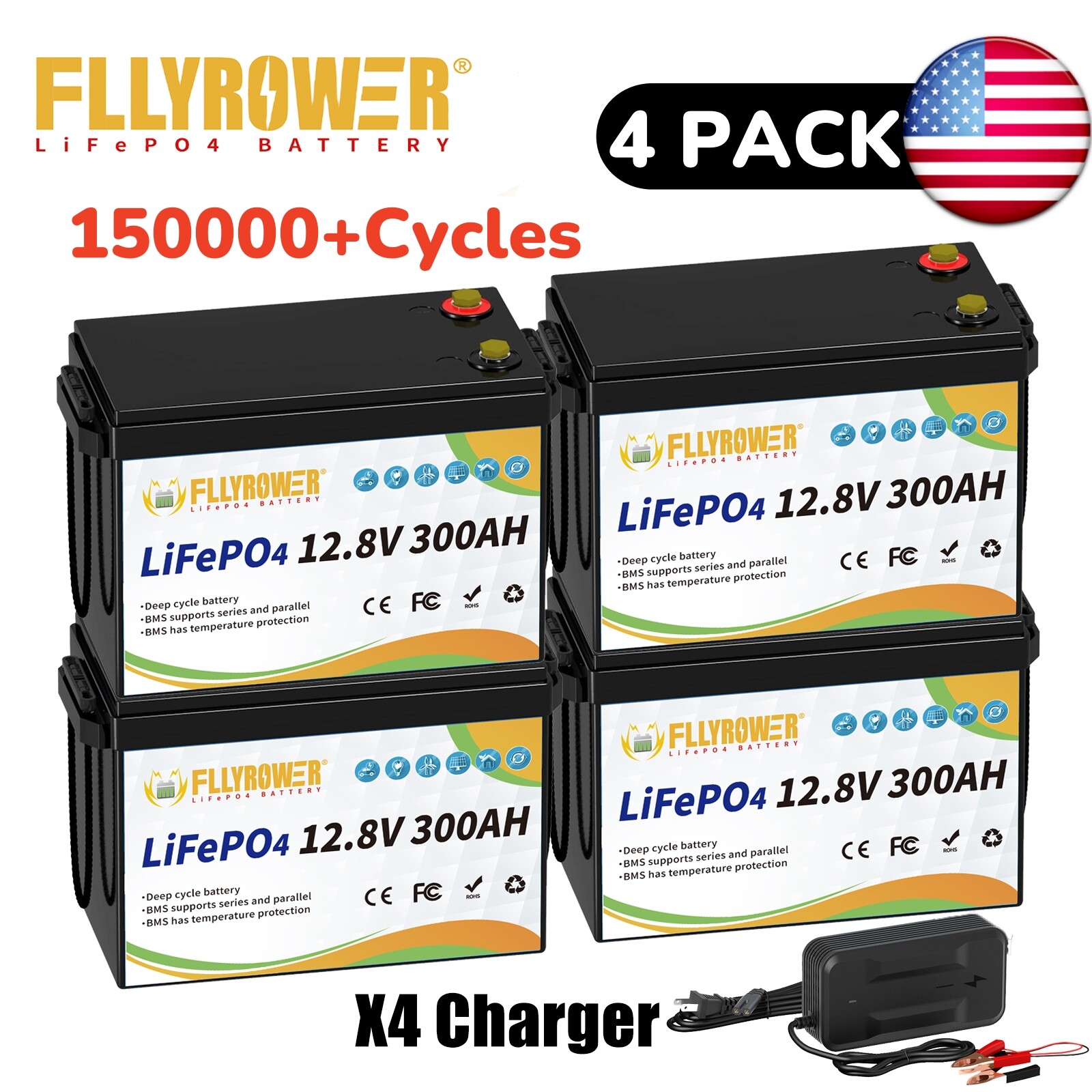 48V 300Ah LiFePO4 Lithium Battery (4 Pack 12v 300AH) Deep Cycle for RV Golf Car
