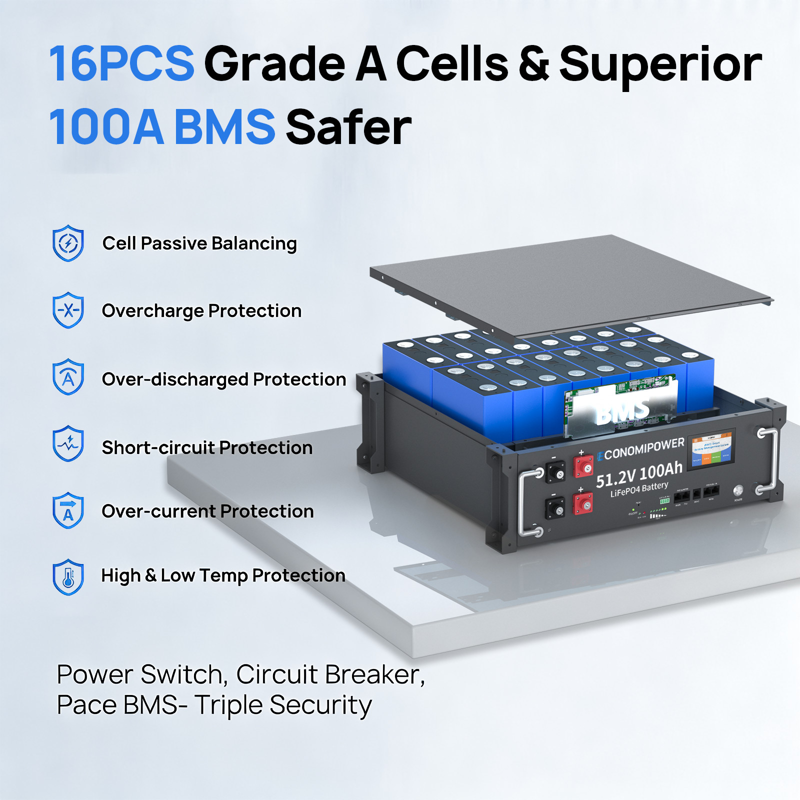 51.2V 100Ah Rack LiFePO4 Battery 100A BMS Bluetooth Solar Home Storage Off-Grid