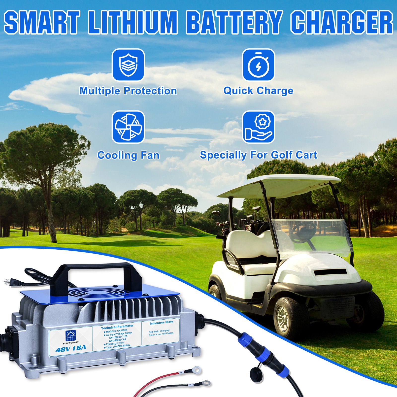 ECO-WORTHY 48V 50Ah LiFePO4 Lithium Battery Golf Cart Monitor with 18A Charger