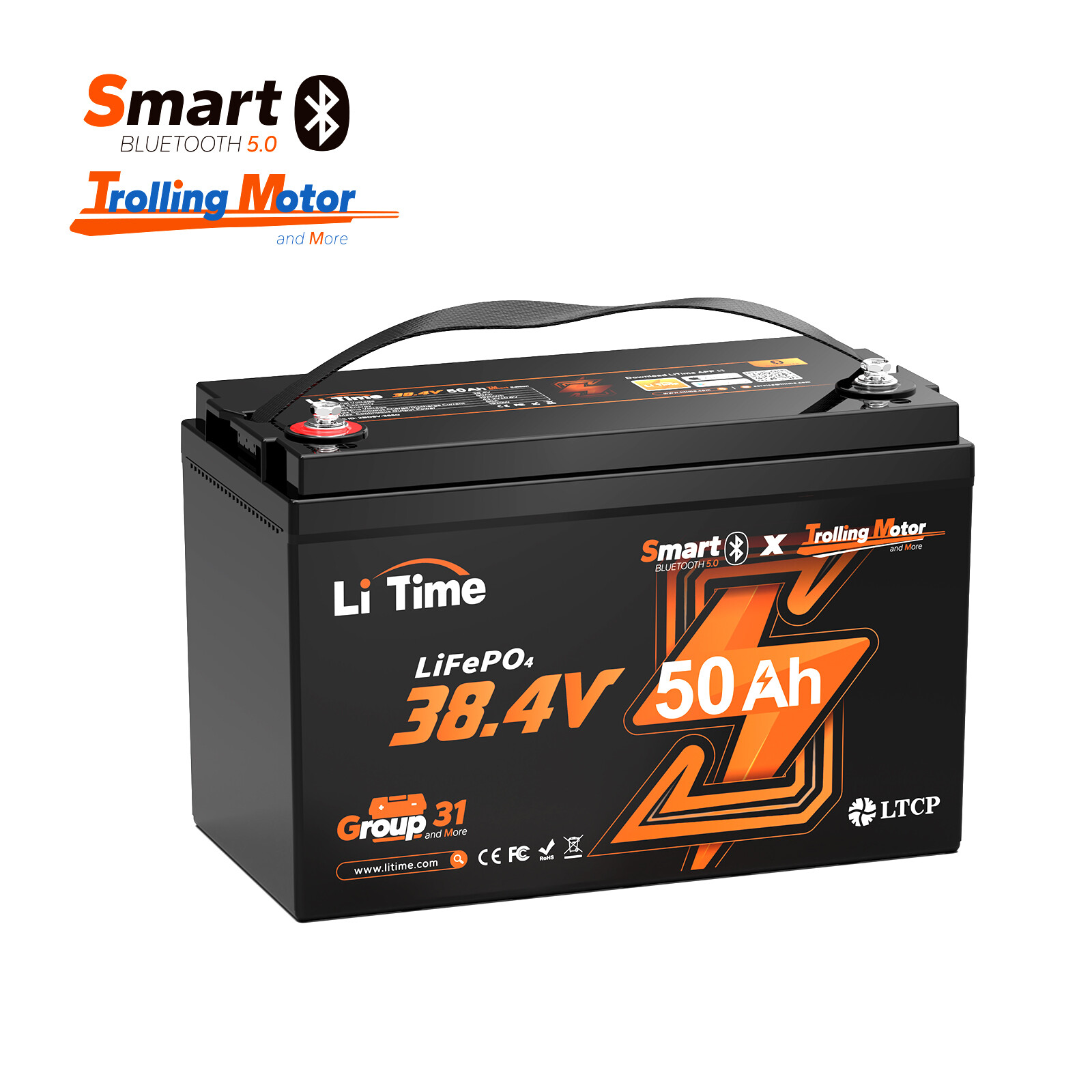 LiTime 36V 50Ah Bluetooth Group 31 LiFePO4 Battery for 100-120lb Trolling Motor