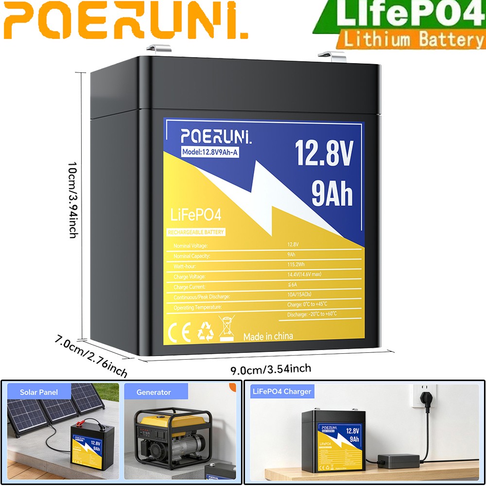 NEW 12V 9Ah LiFePO4 Lithium Battery Deep Cycle Built-in BMS For Solar Off-Grid