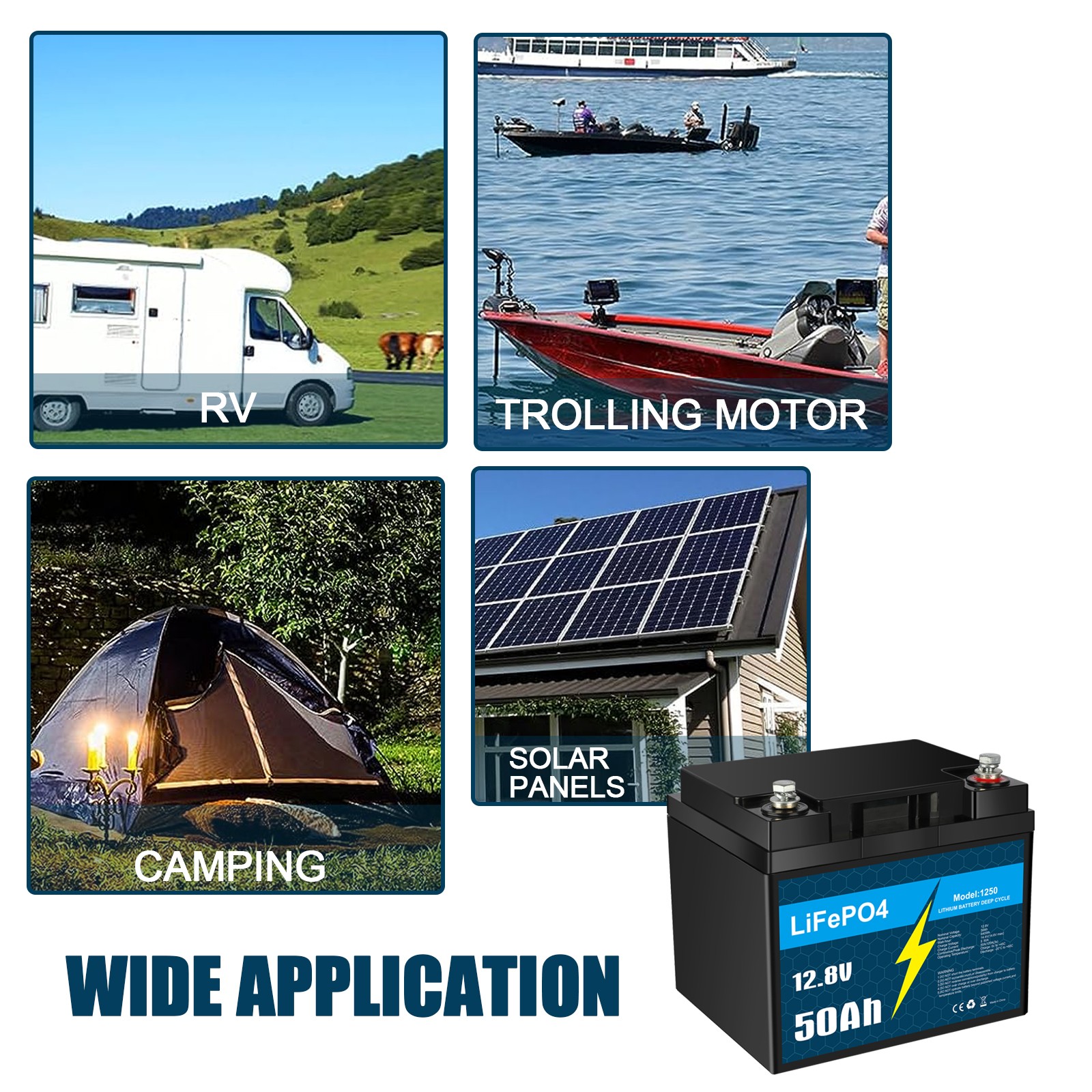 4PACK 12V 50Ah 640Wh LiFePO4 Lithium Battery with BMS for RV Off-grid Trolling